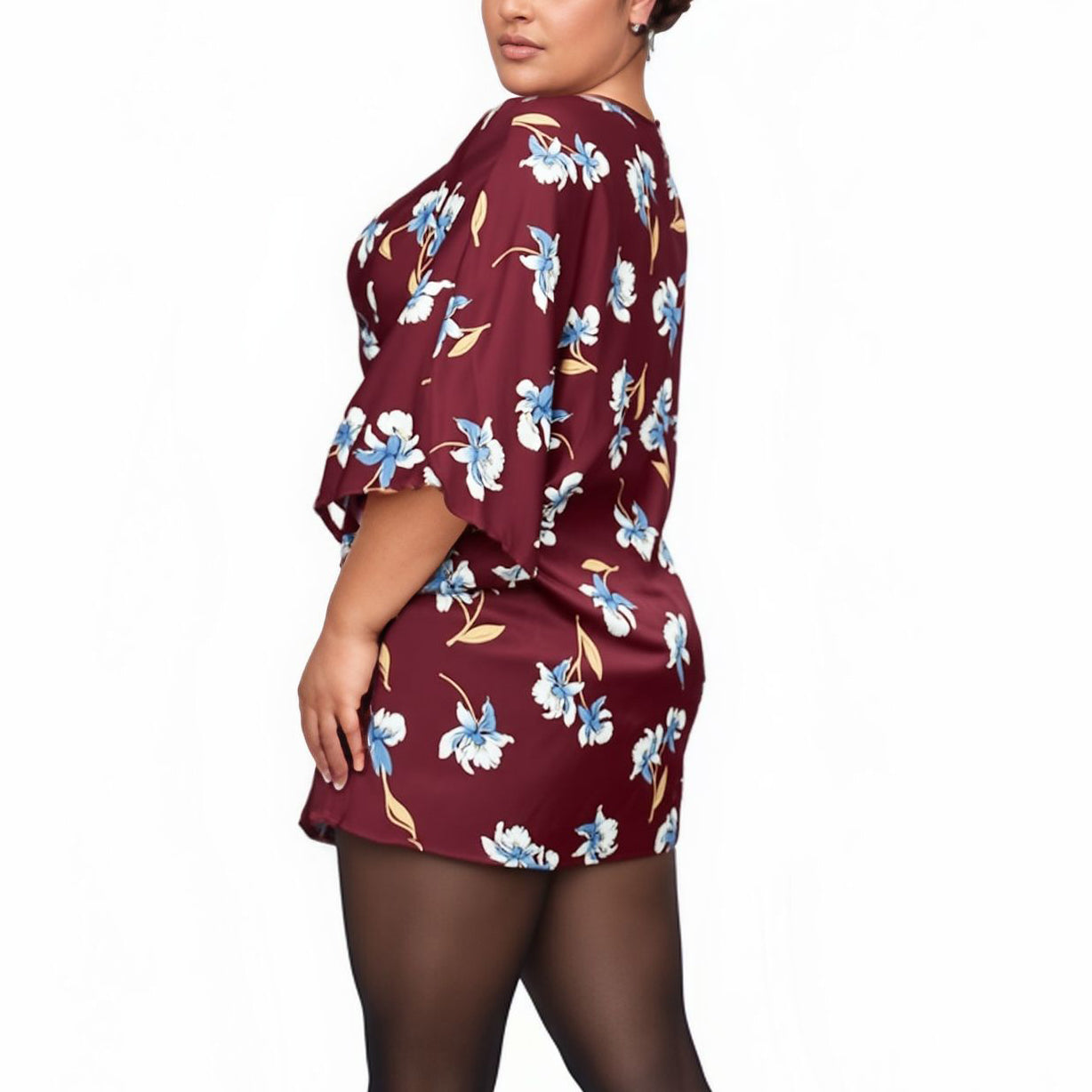 Pleione Plus Size Floral Batwing Kimono Cardigan in Burgundy
