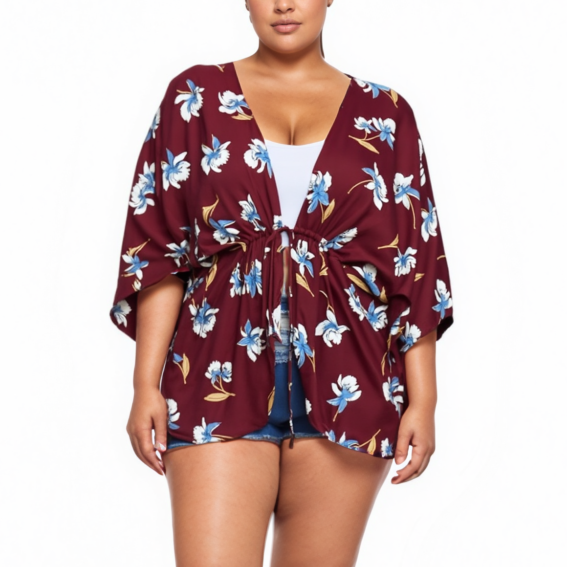 Pleione Plus Size Floral Batwing Kimono Cardigan in Burgundy