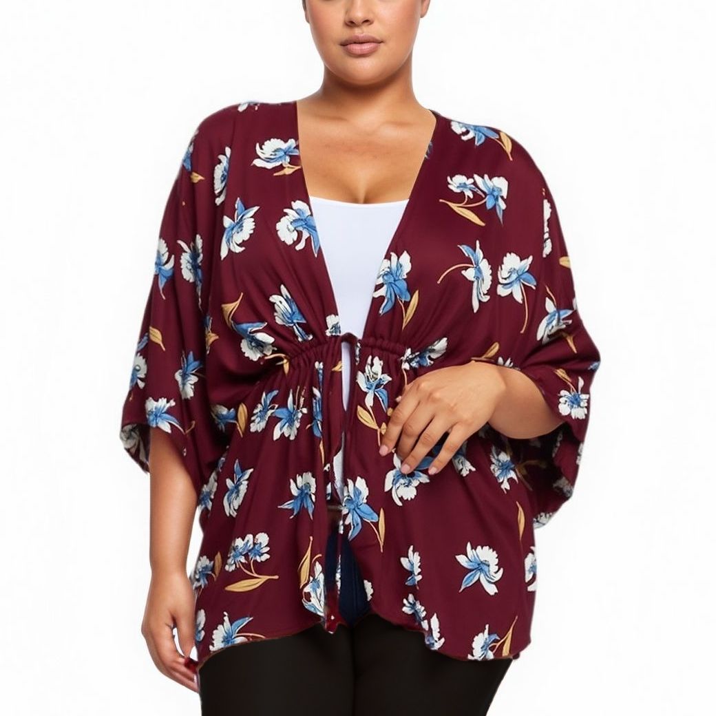Pleione Plus Size Floral Batwing Kimono Cardigan in Burgundy