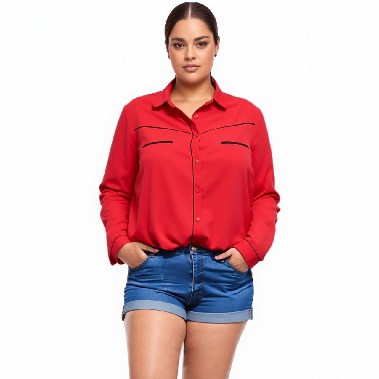 Pleione Plus Women's Rounded Collar Button Down Shirt Blouse
