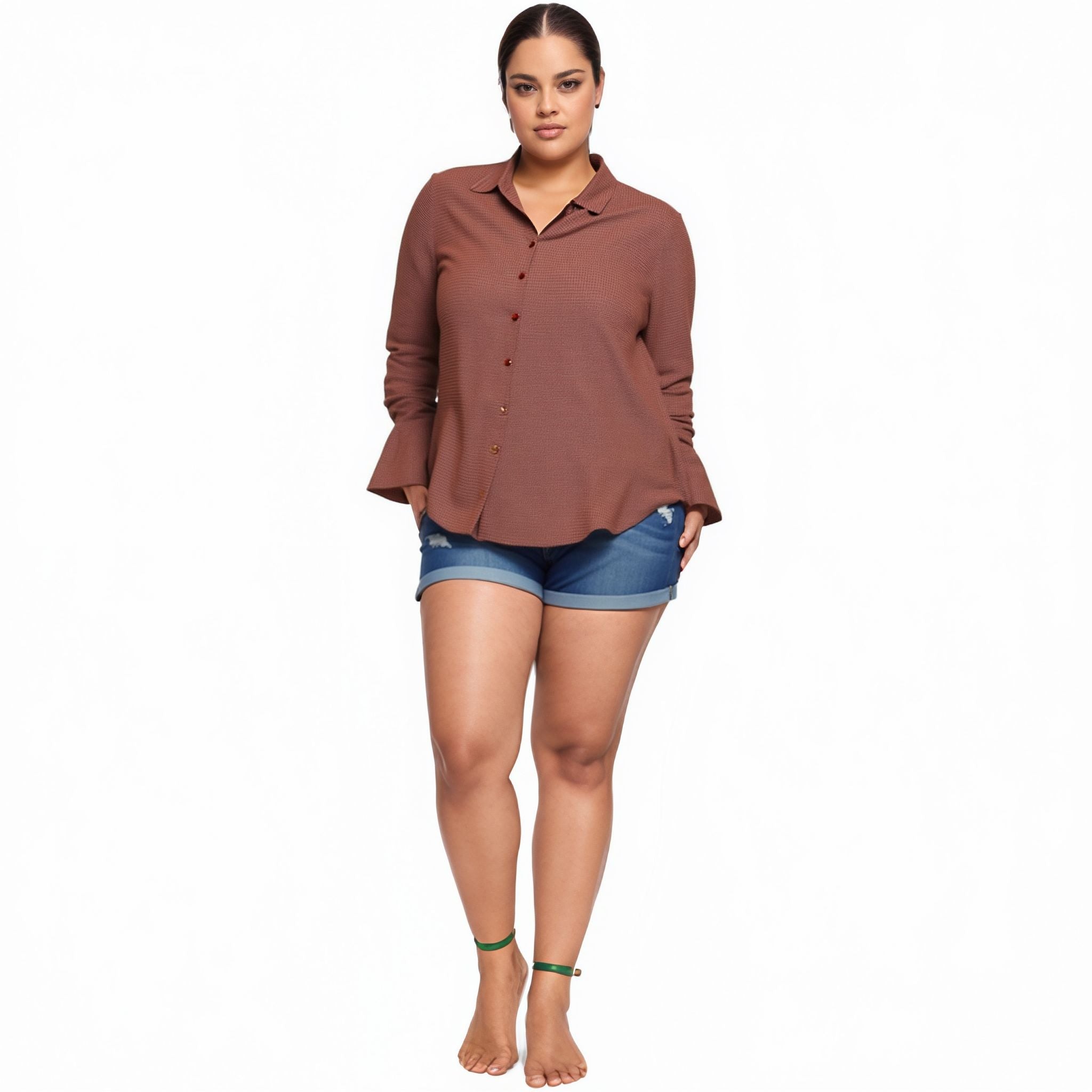 Pleione Plus Size Bell Cuff Button Down Shirt Blouse in Wallpaper