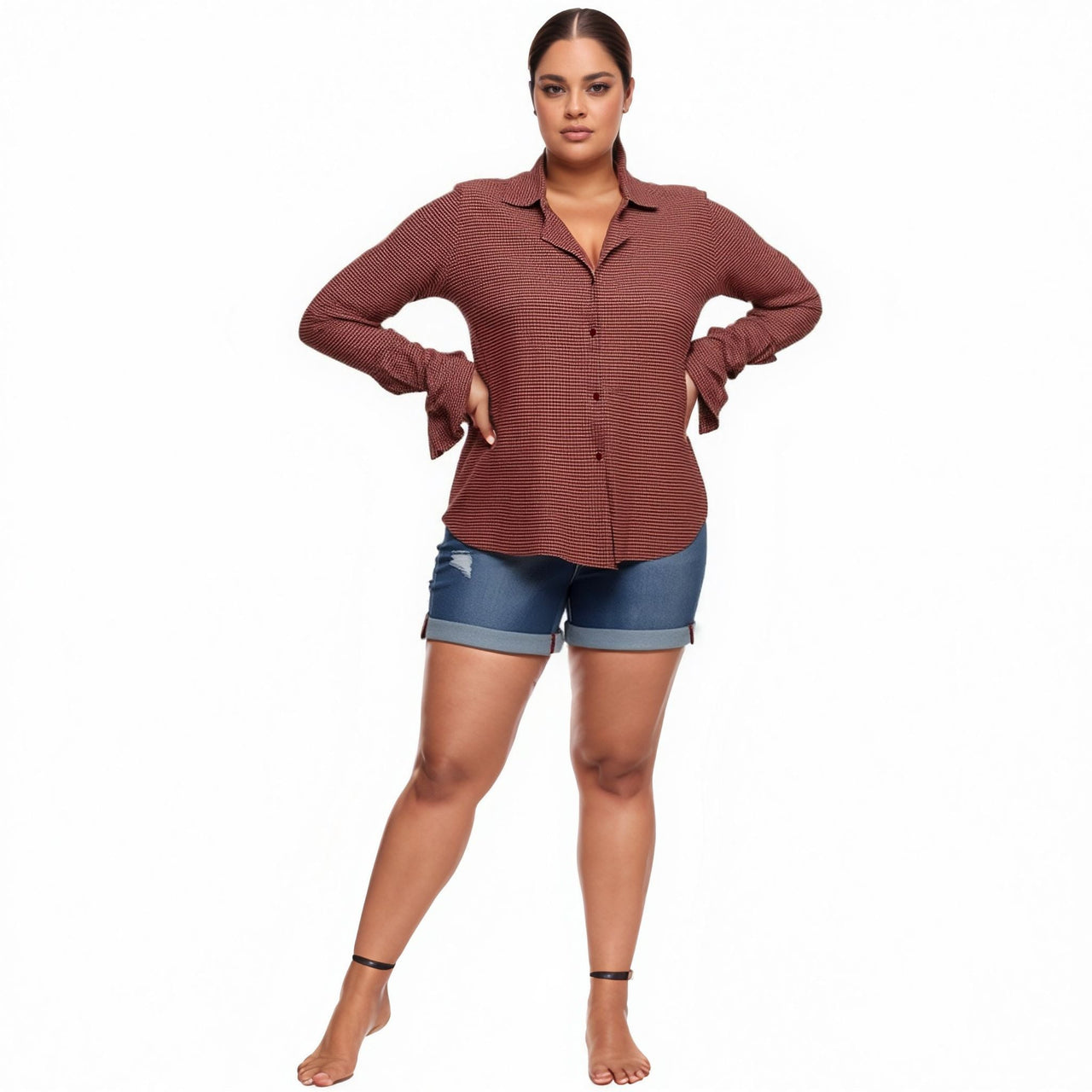 Pleione Plus Size Bell Cuff Button Down Shirt Blouse in Wallpaper