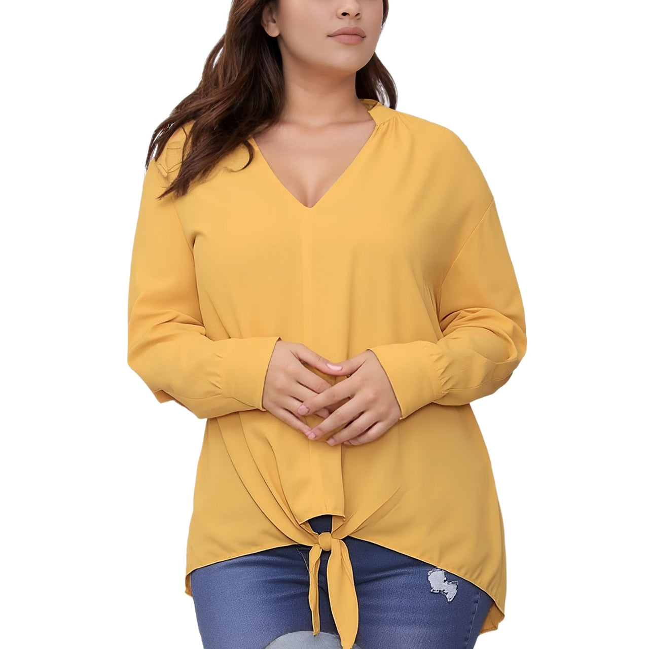 Pleione Plus Size Women's Mandarin Collar Tie Hem Blouse