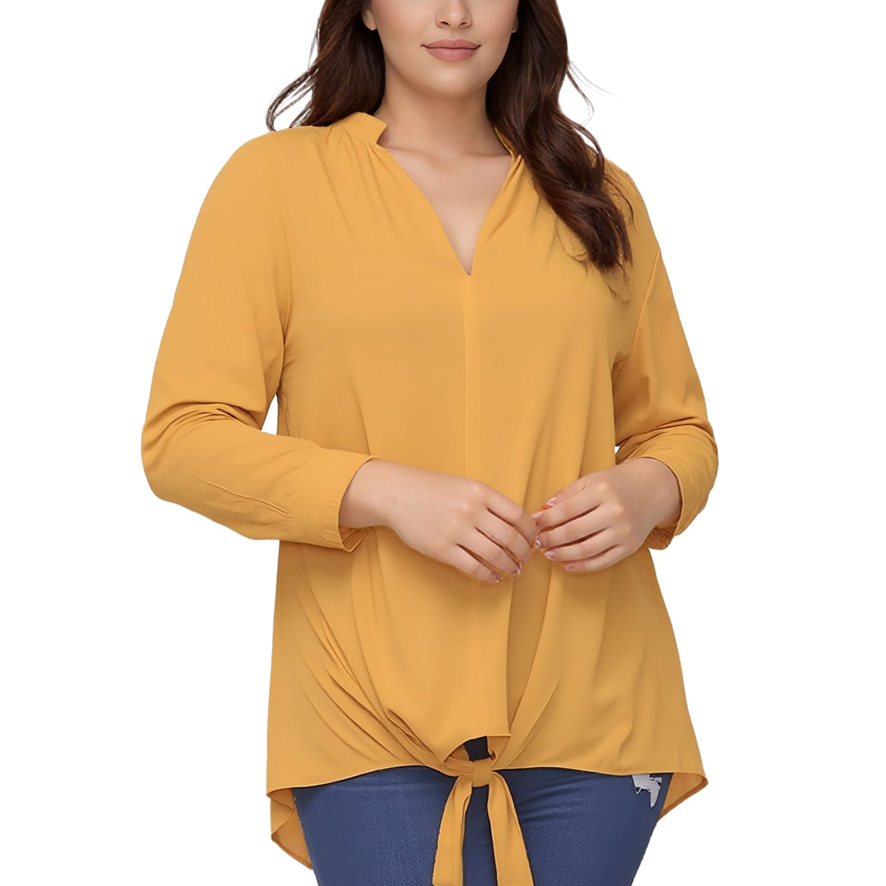 Pleione Plus Size Women's Mandarin Collar Tie Hem Blouse