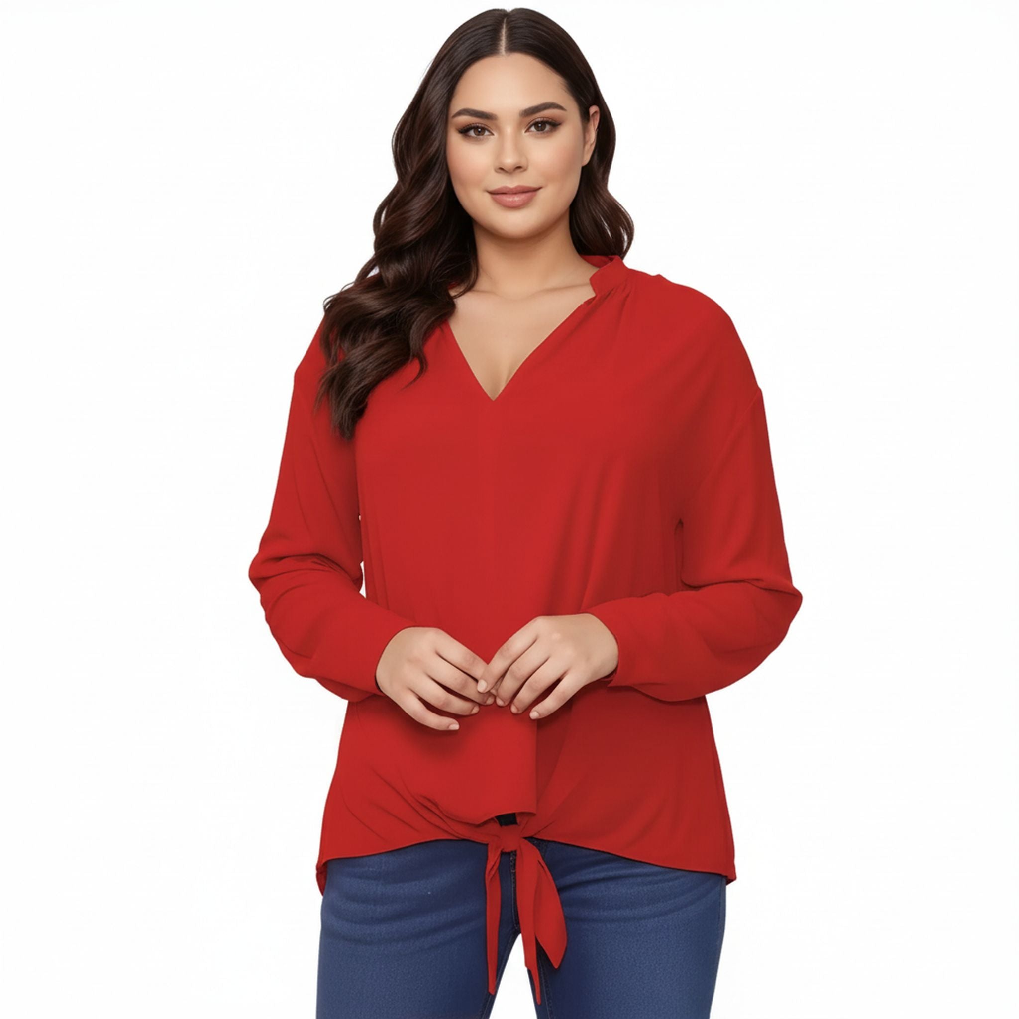 Pleione Plus Size Women's Mandarin Collar Tie Hem Blouse
