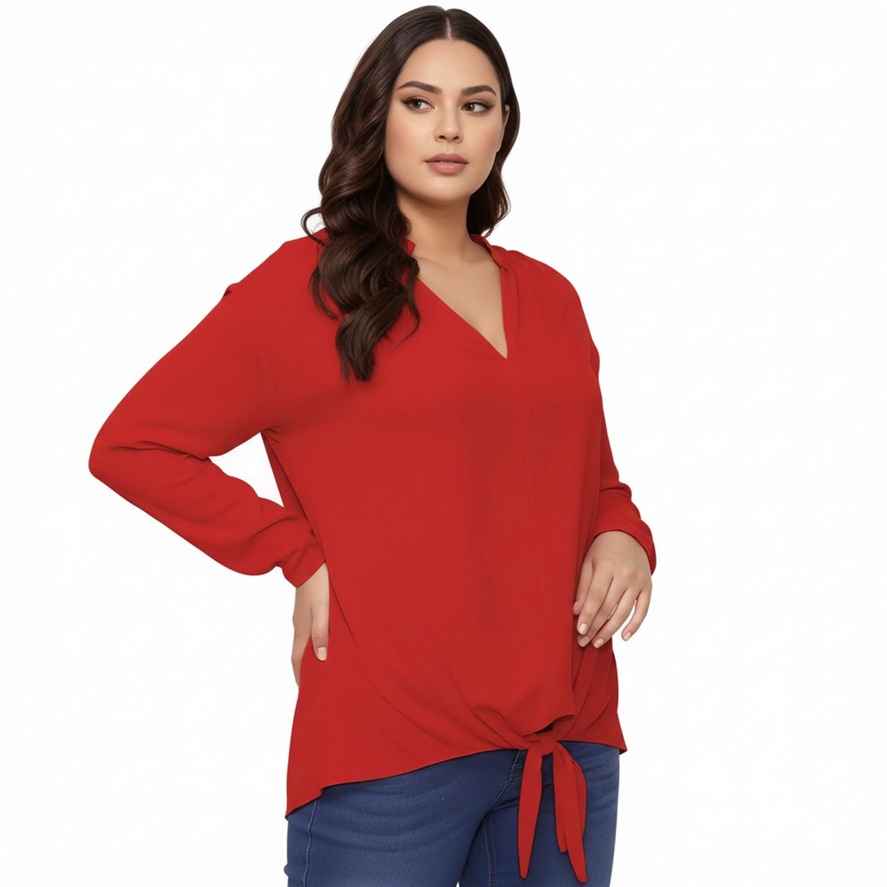 Pleione Plus Size Women's Mandarin Collar Tie Hem Blouse