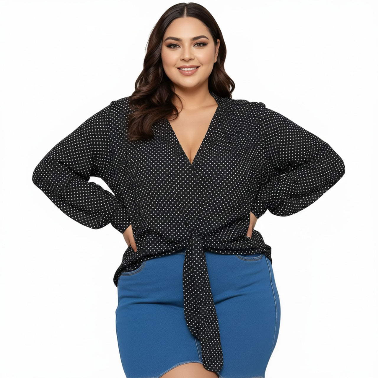 Pleione Plus Size Women's Mandarin Collar Tie Hem Blouse