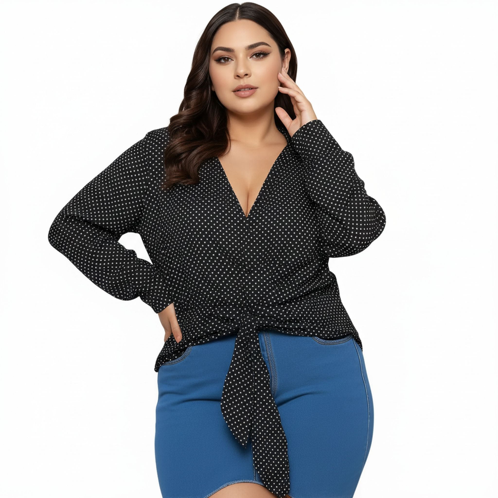 Pleione Plus Size Women's Mandarin Collar Tie Hem Blouse