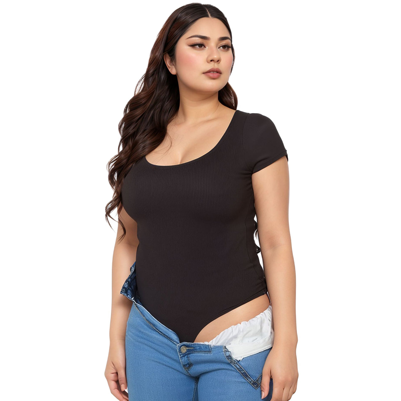 Pleione Plus Size Women's Ribbed Funnel Bodysuit