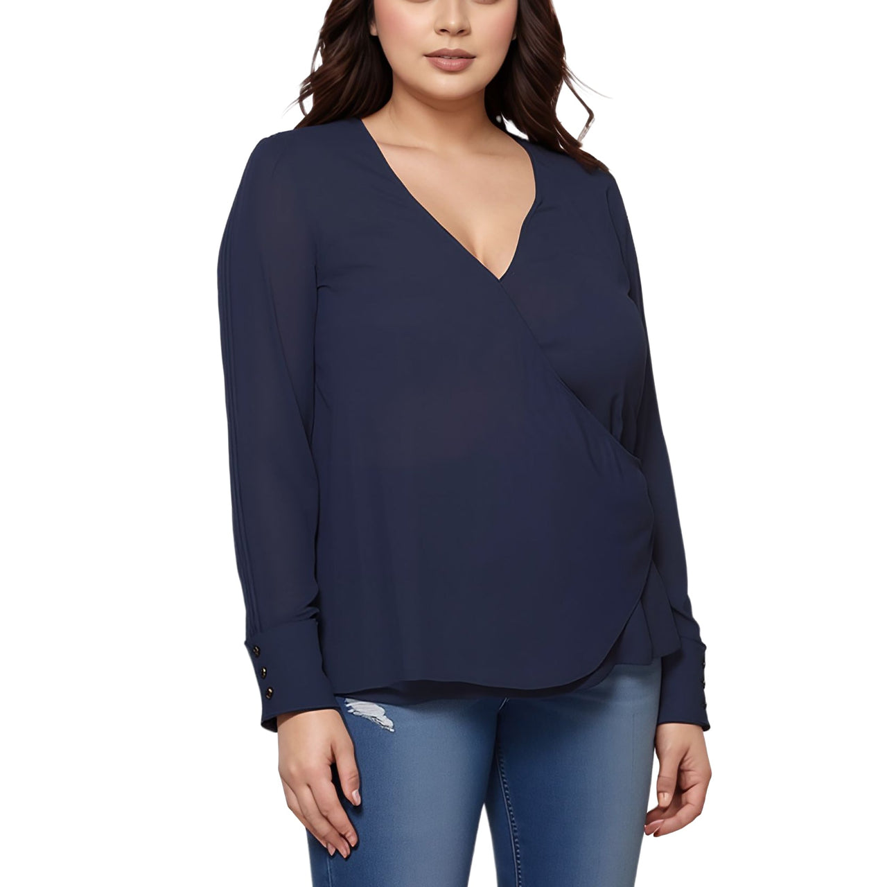 Pleione Plus Size Wrap Front Long Sleeve Blouse in Navy