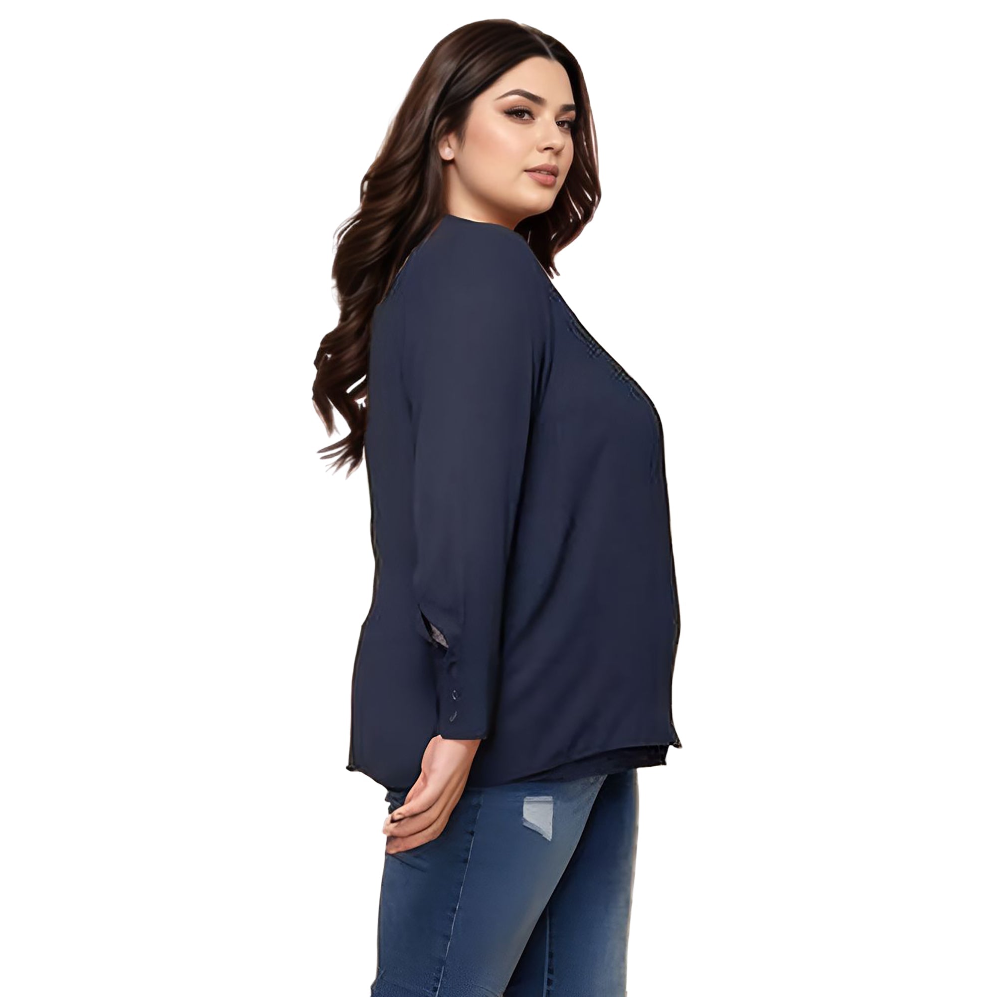 Pleione Plus Size Wrap Front Long Sleeve Blouse in Navy