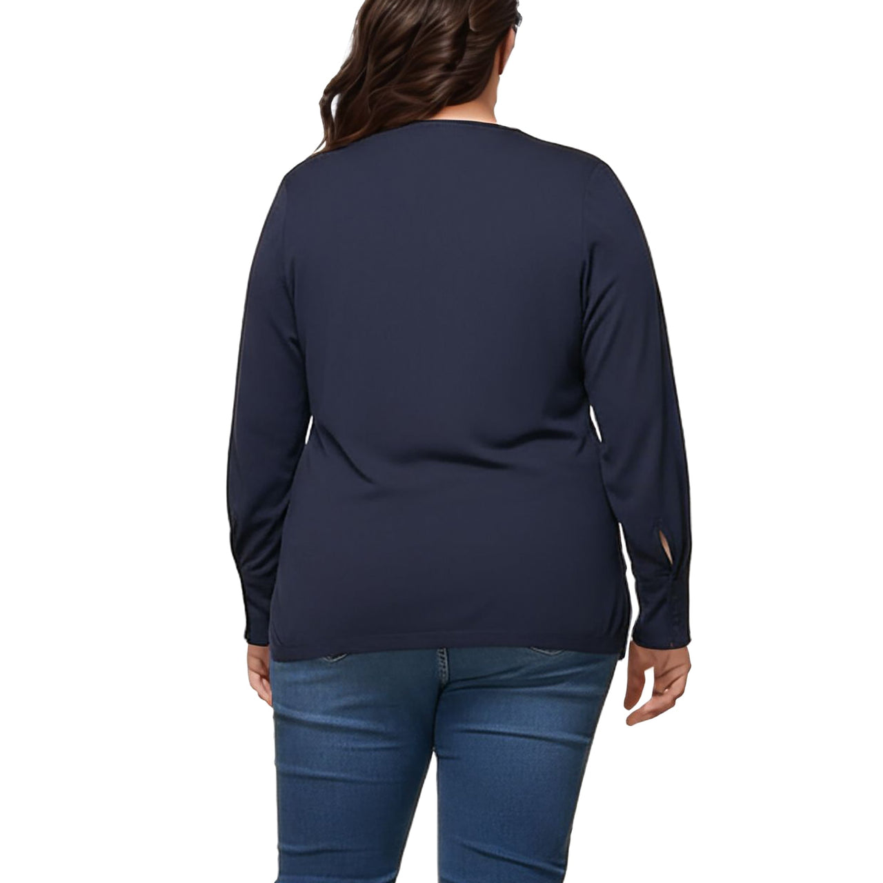 Pleione Plus Size Wrap Front Long Sleeve Blouse in Navy