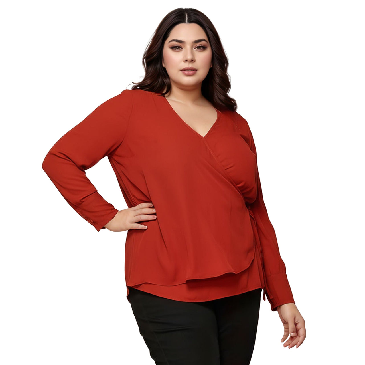 Pleione Plus Size Wrap Front Long Sleeve Blouse in Terracotta