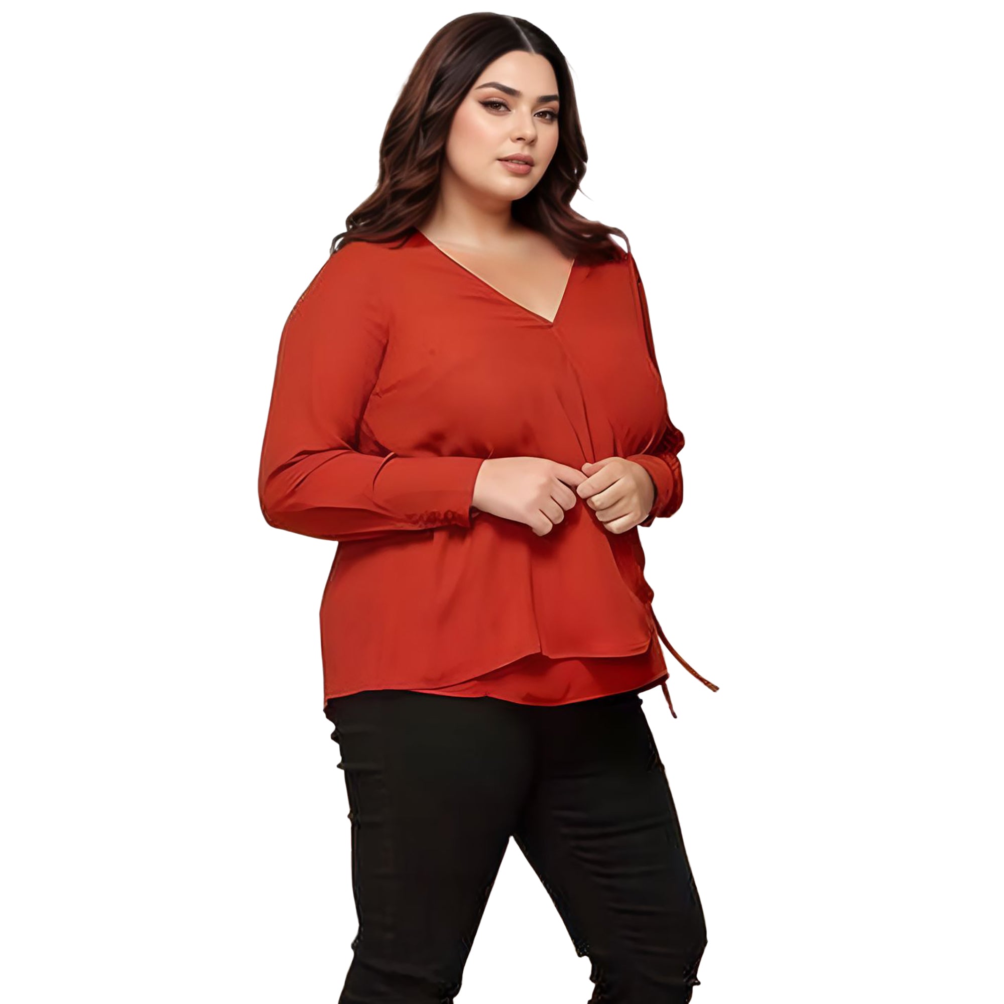 Pleione Plus Size Wrap Front Long Sleeve Blouse in Terracotta
