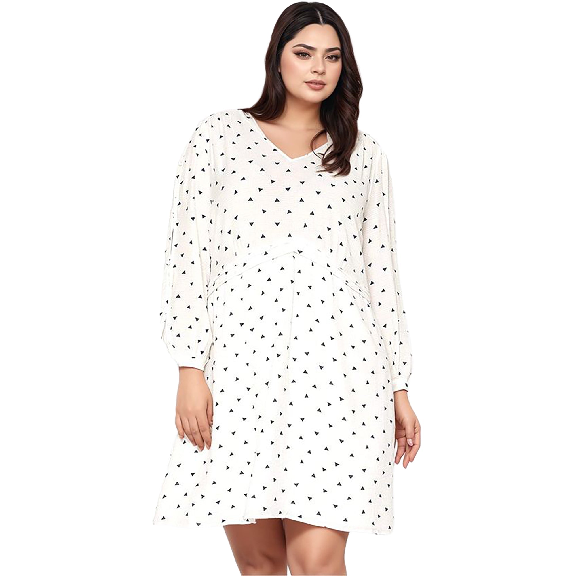 Women's Plus Size Triangle Print Long Sleeve Dress in White Triangle