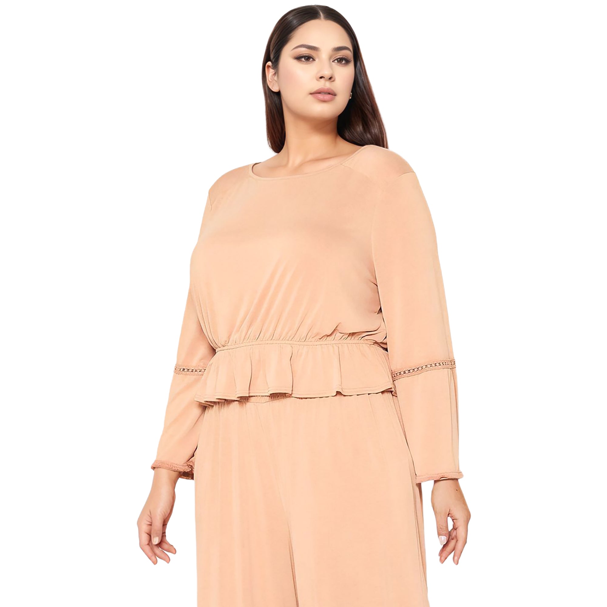 Women's Plus Size Women's Fringe Cuff Bell Sleeve Top in Apricot
