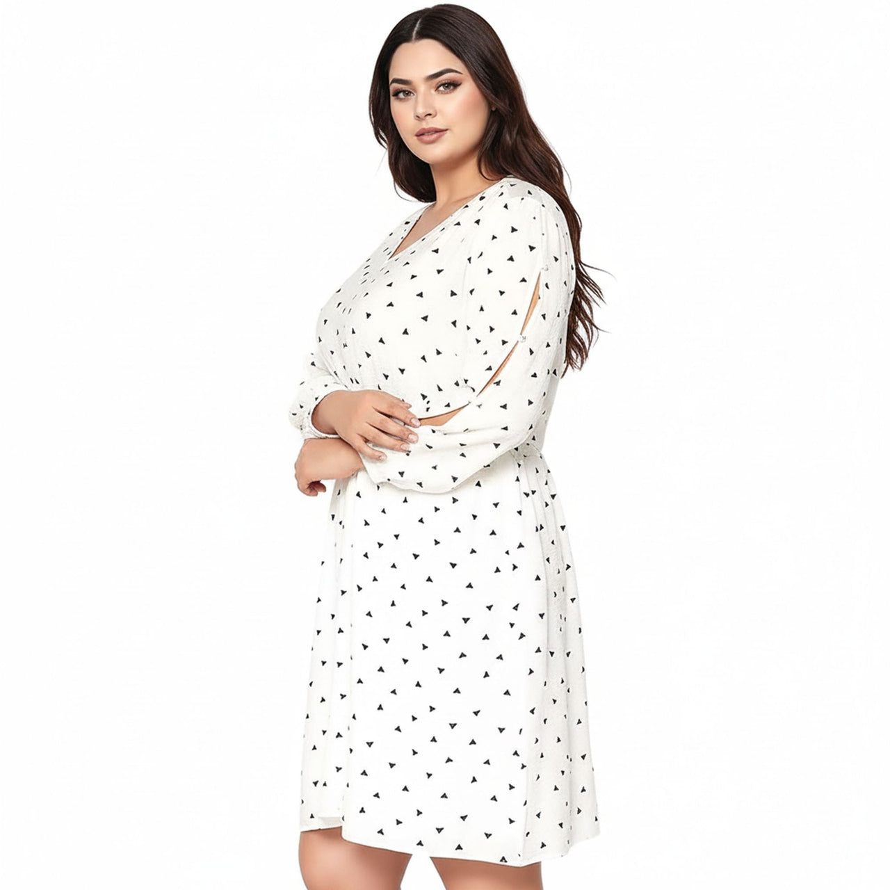 Women's Plus Size Triangle Print Long Sleeve Dress in White Triangle