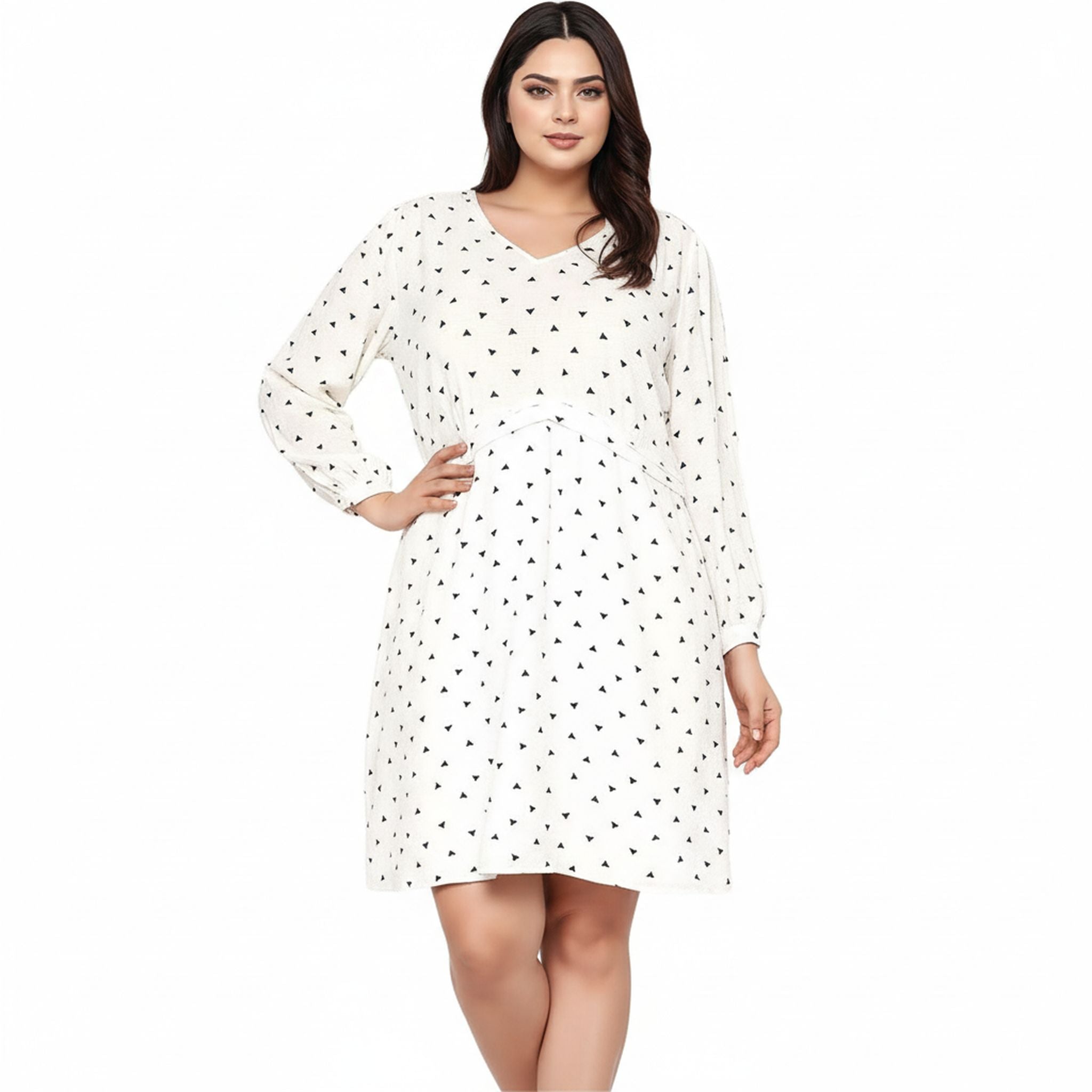 Women's Plus Size Triangle Print Long Sleeve Dress in White Triangle