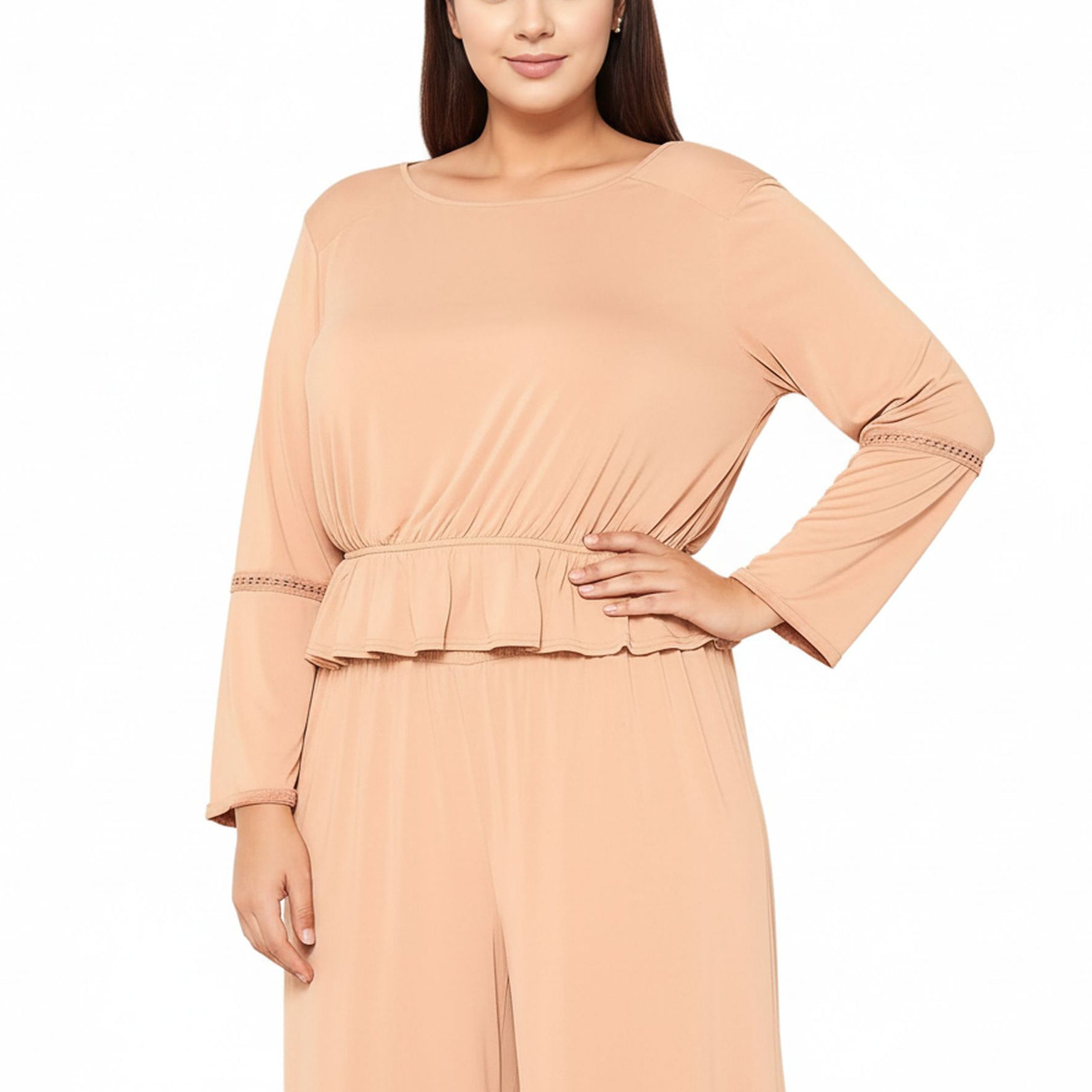 Women's Plus Size Women's Fringe Cuff Bell Sleeve Top in Apricot