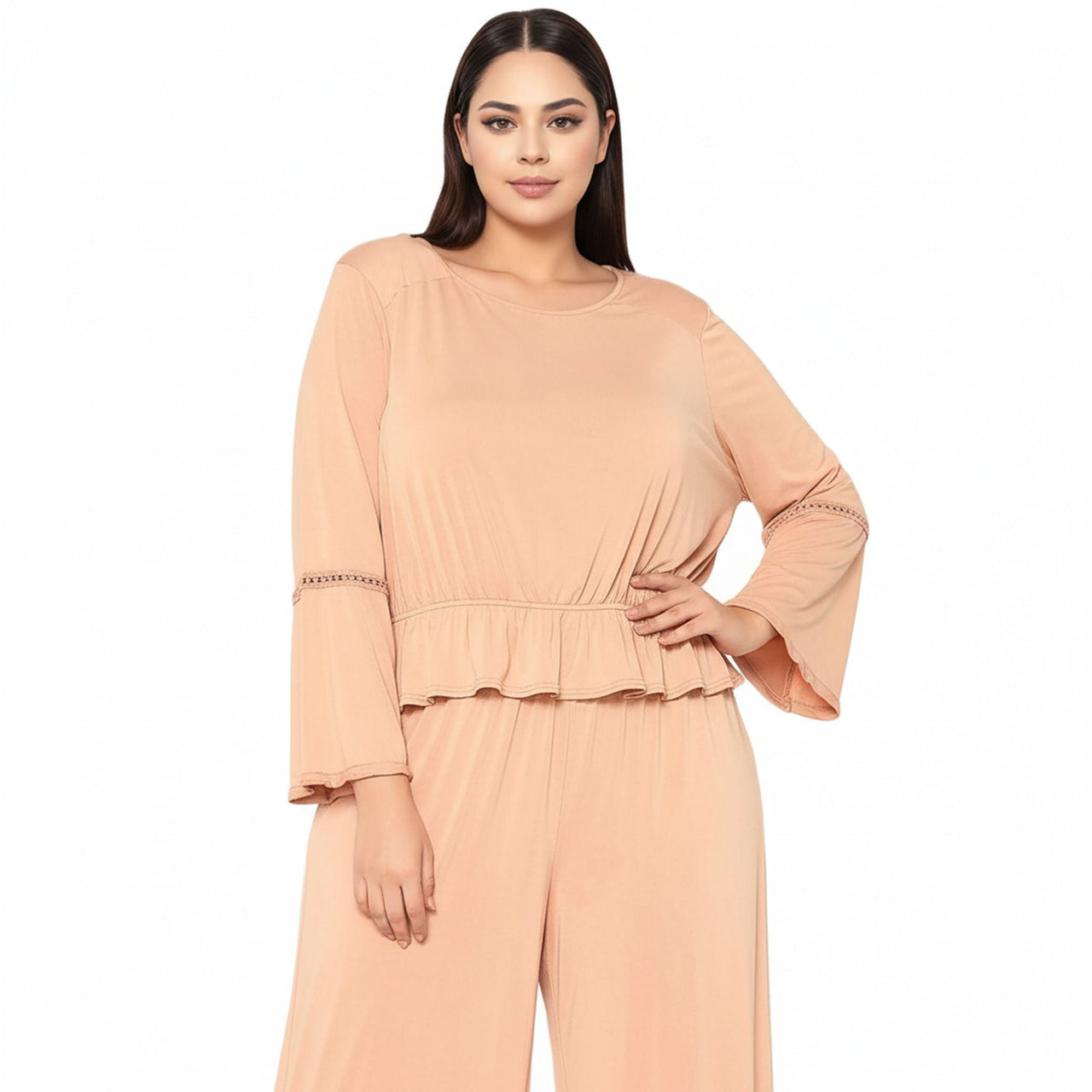 Women's Plus Size Women's Fringe Cuff Bell Sleeve Top in Apricot