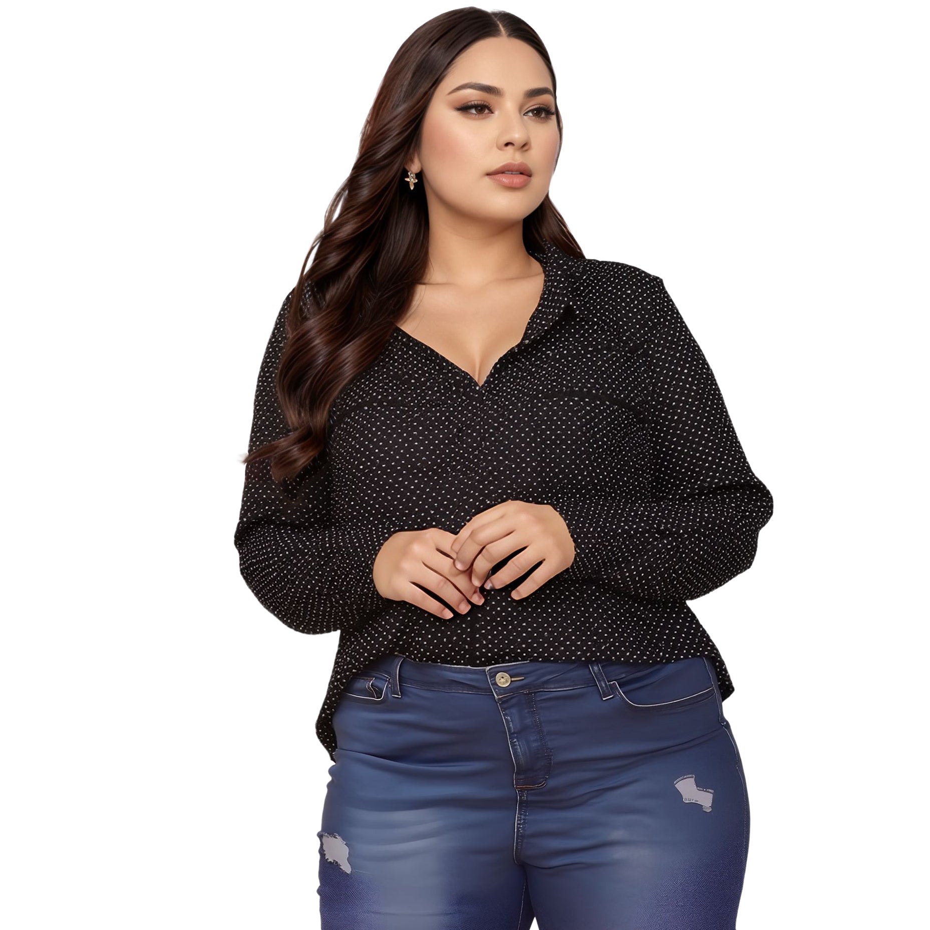 Pleione Plus Size Polka Dot Shirt Blouse in Black