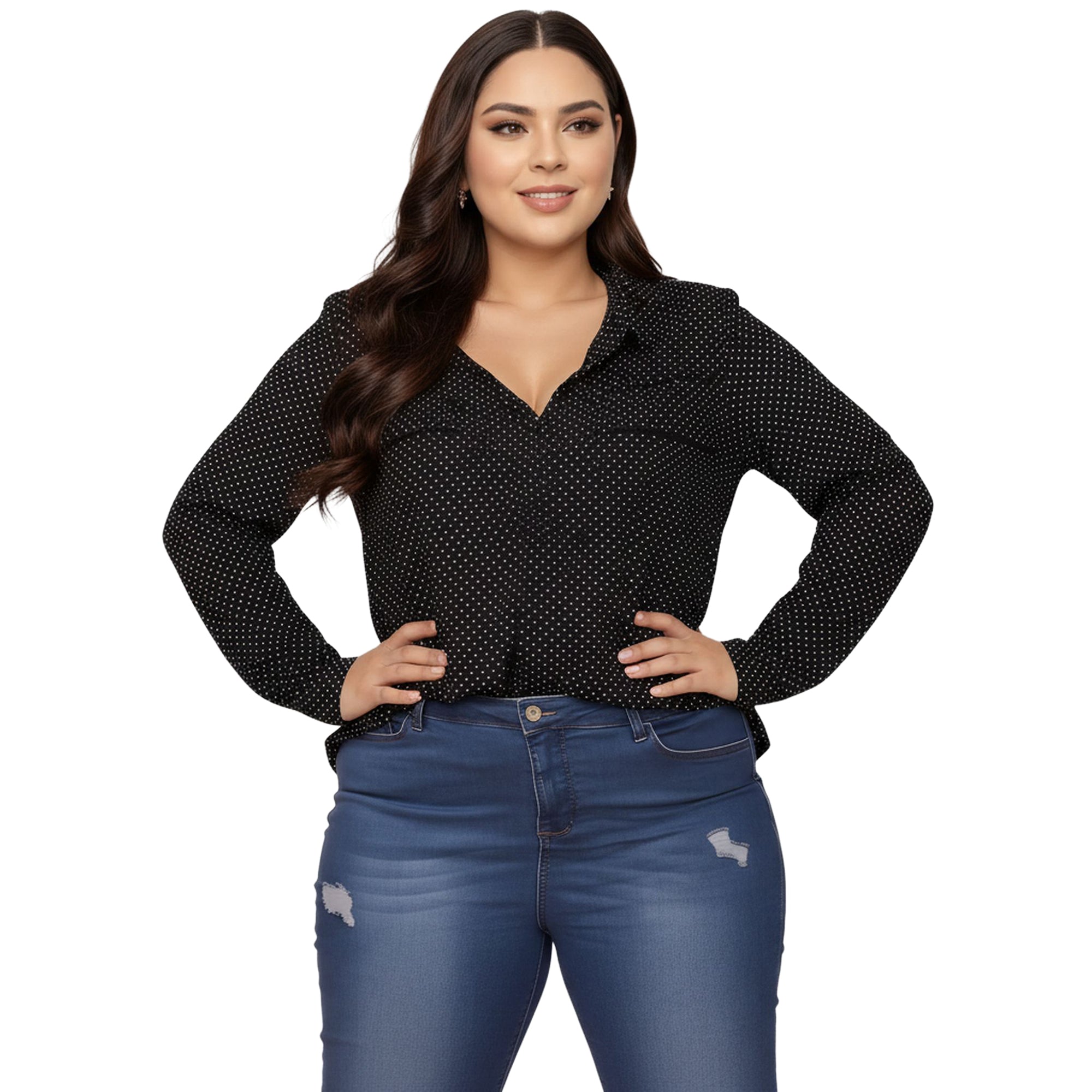 Pleione Plus Size Polka Dot Shirt Blouse in Black