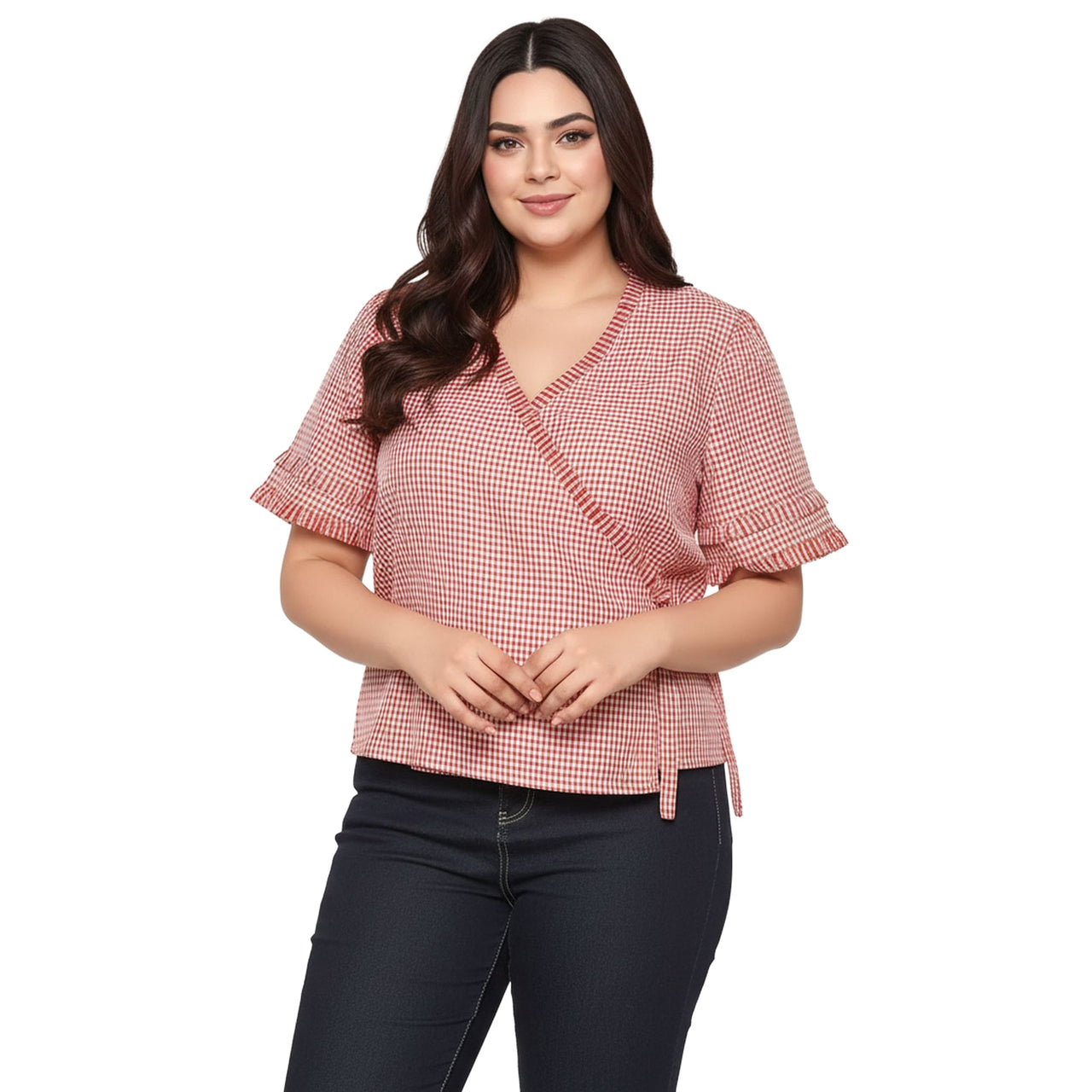 Women's Plus Size Fringe Trim Gingham Wrap Blouse in Red Gingham