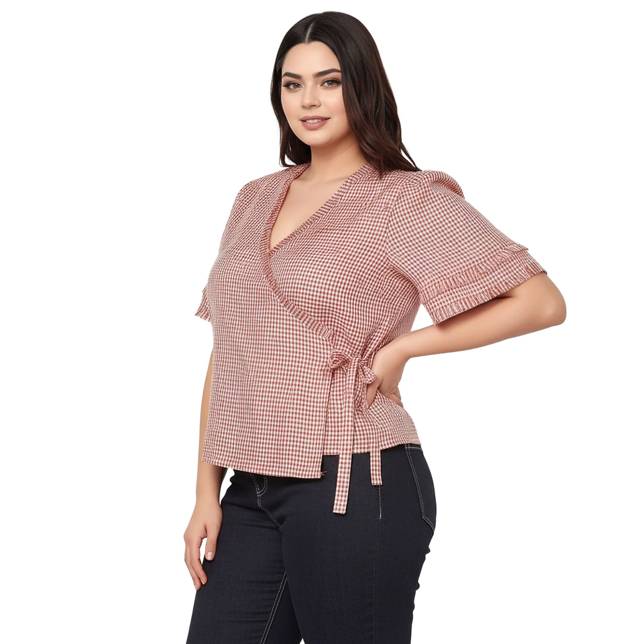 Women's Plus Size Fringe Trim Gingham Wrap Blouse in Red Gingham