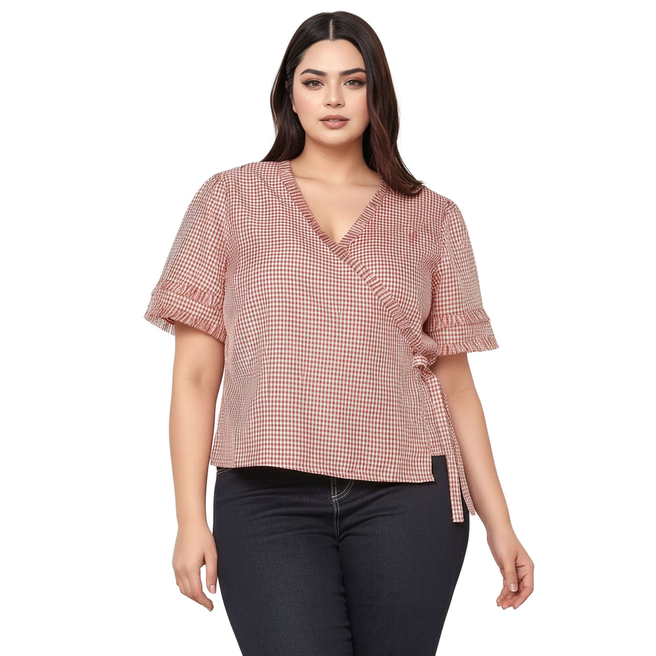 Women's Plus Size Fringe Trim Gingham Wrap Blouse in Red Gingham