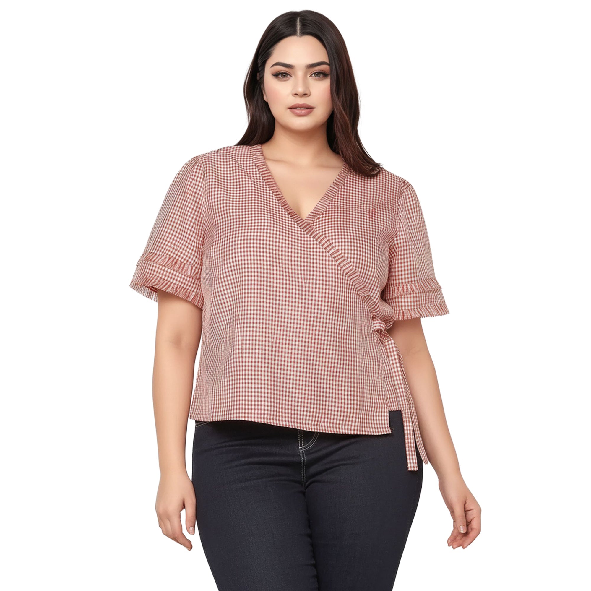 Women's Plus Size Fringe Trim Gingham Wrap Blouse in Red Gingham