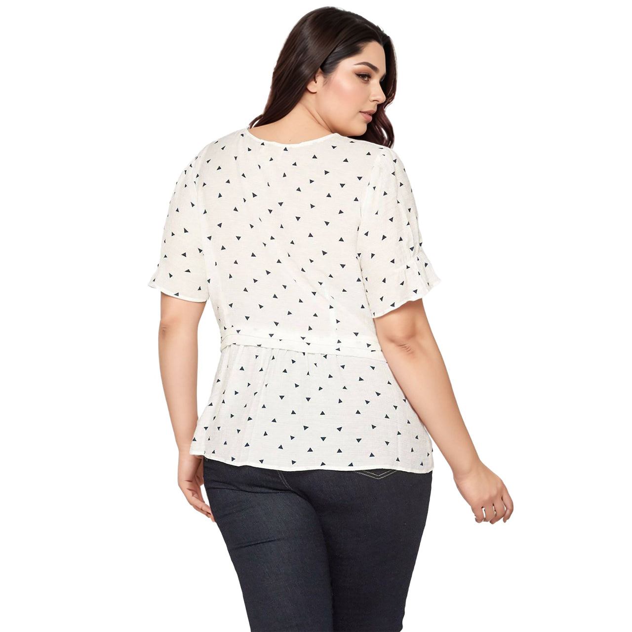 Women's Plus Size Triangle Print Short Sleeve Blouse in White Triangle