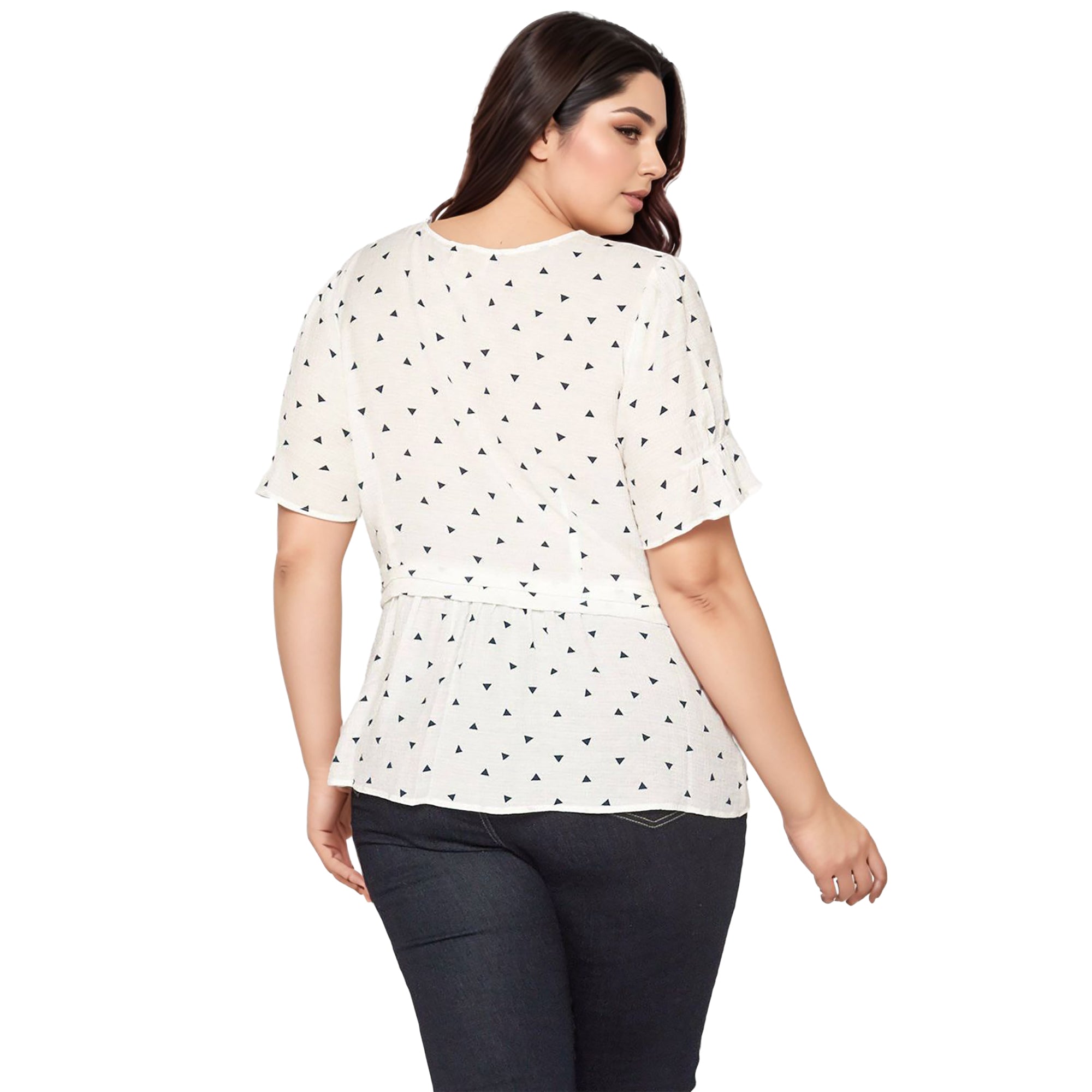 Women's Plus Size Triangle Print Short Sleeve Blouse in White Triangle