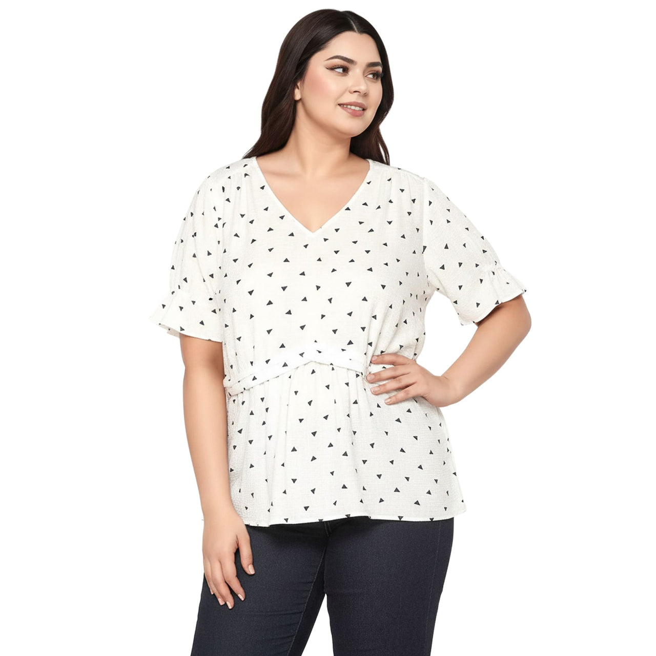 Women's Plus Size Triangle Print Short Sleeve Blouse in White Triangle
