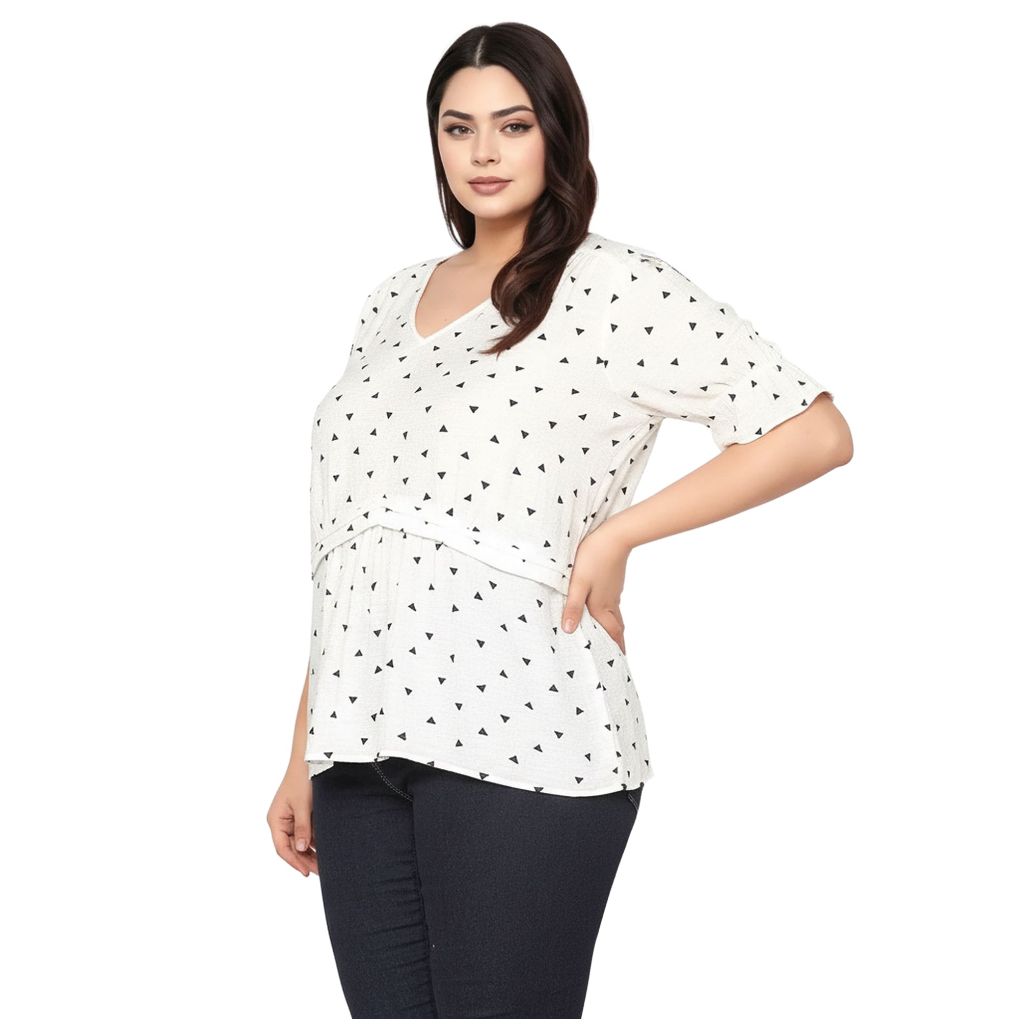 Women's Plus Size Triangle Print Short Sleeve Blouse in White Triangle