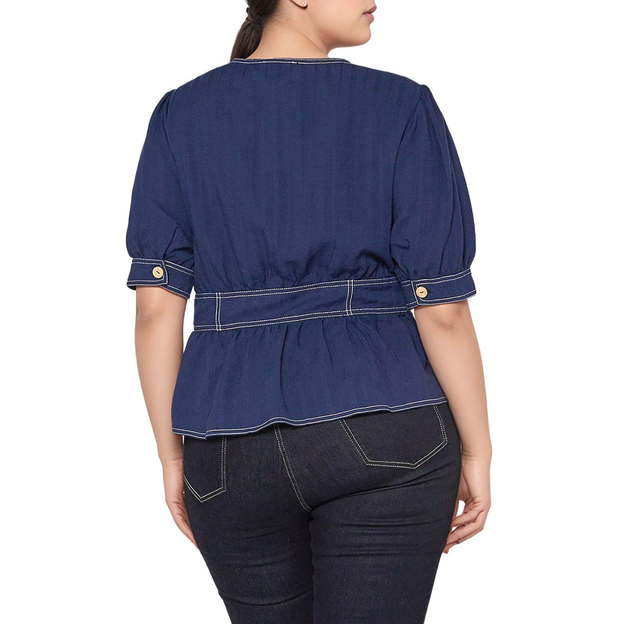 Women's Plus Size Puff Shoulder Button Front Peplum Top in Navy