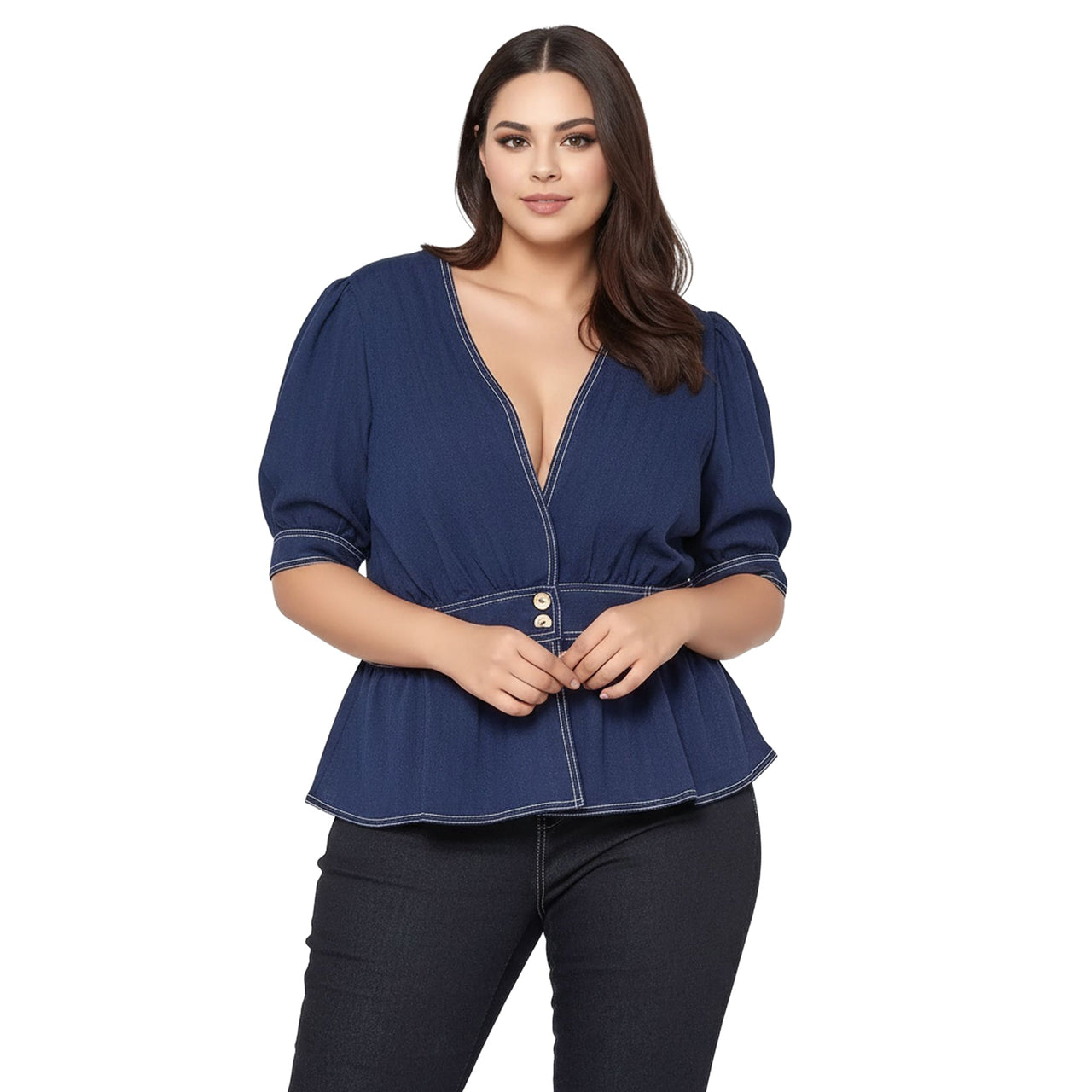 Women's Plus Size Puff Shoulder Button Front Peplum Top in Navy
