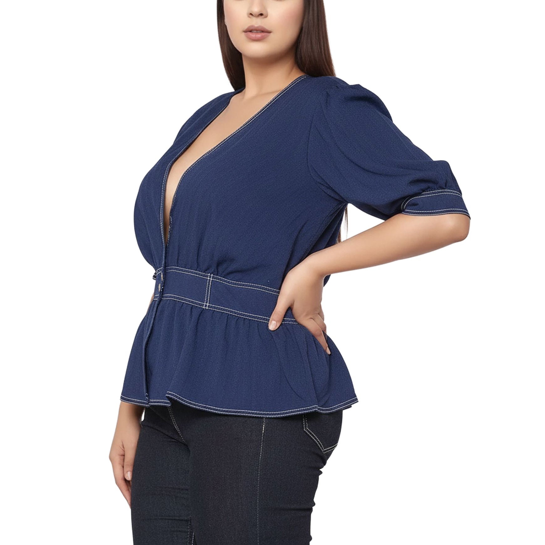 Women's Plus Size Puff Shoulder Button Front Peplum Top in Navy