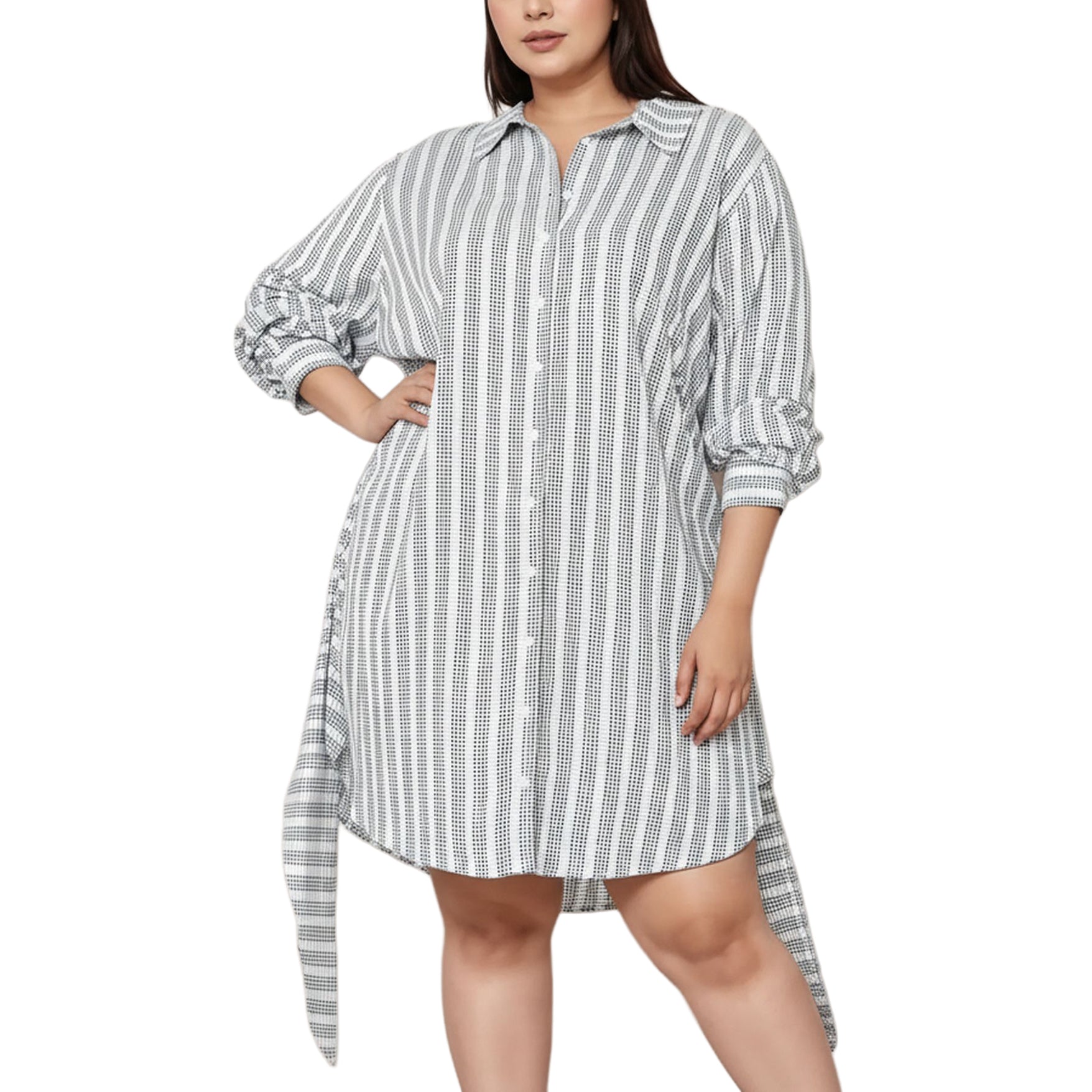 Women's Plus Size Lace Trim Wrapped Shirt Dress in Ditsy Gingham