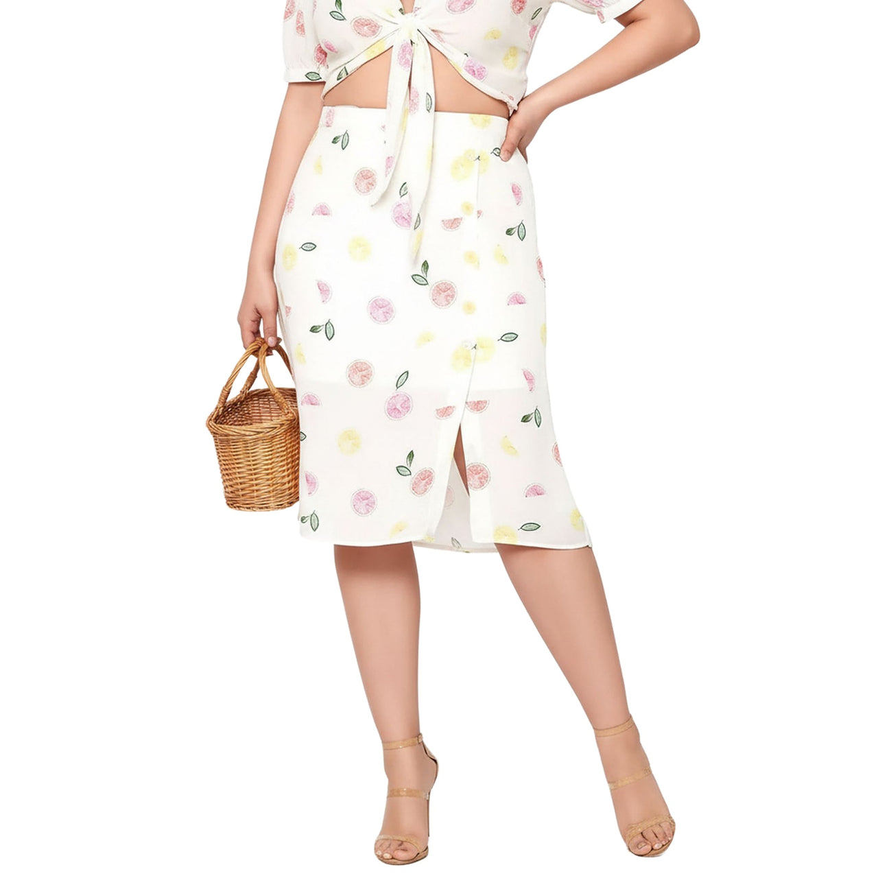 Women's Plus Size Button Front Midi Skirt in Fruit Punch