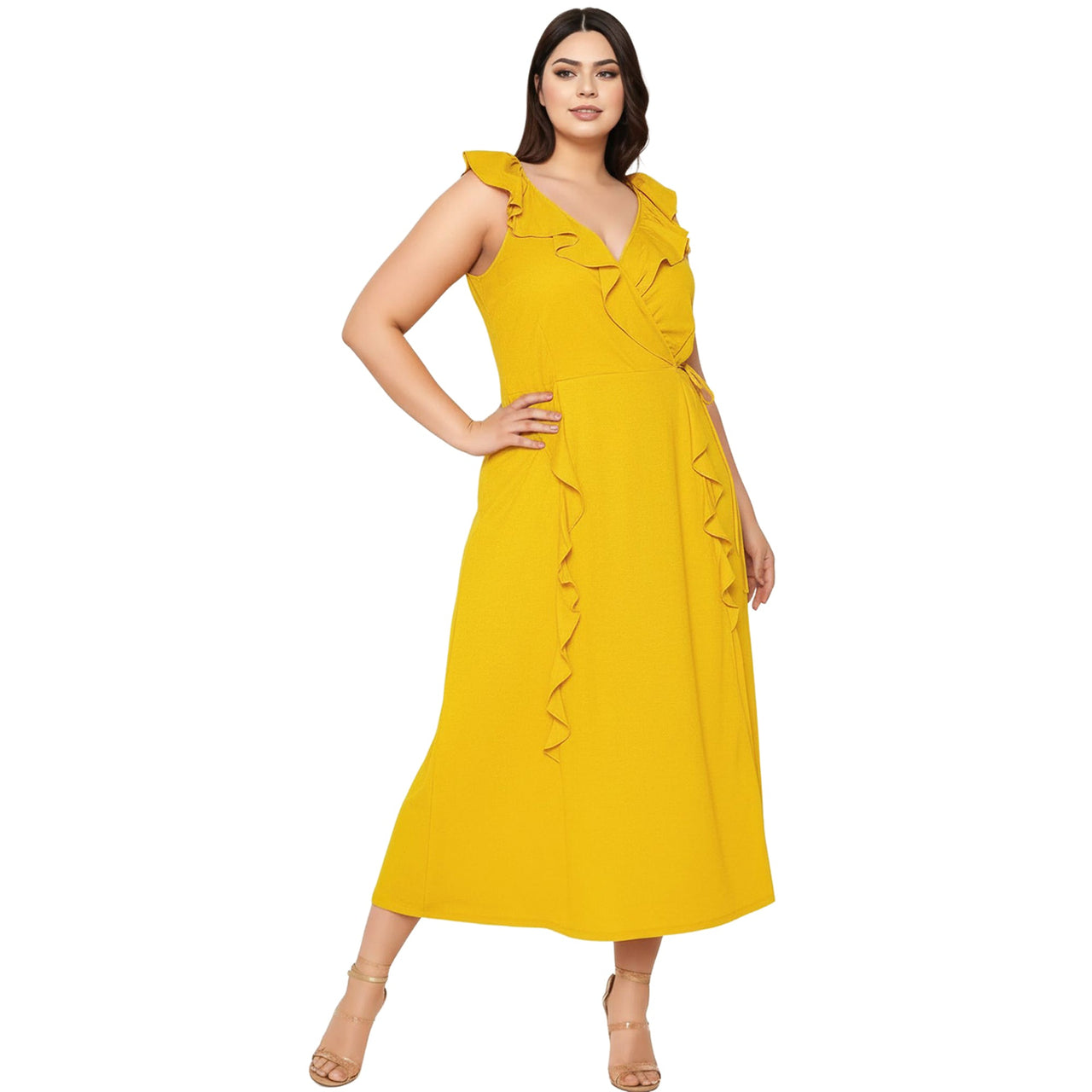 Women's Plus Size Ruffle Trim Wrapped Maxi Dress in Mustard