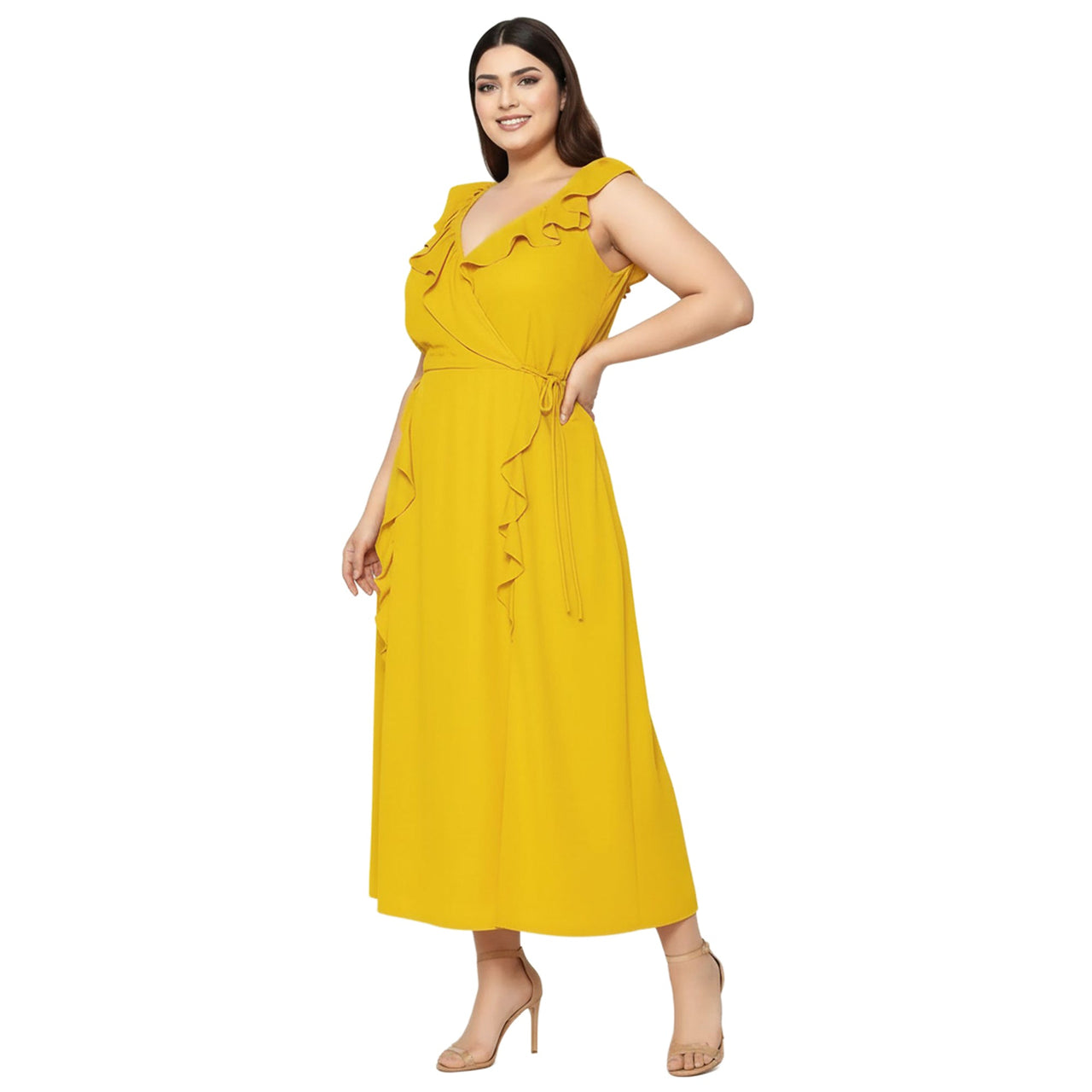 Women's Plus Size Ruffle Trim Wrapped Maxi Dress in Mustard