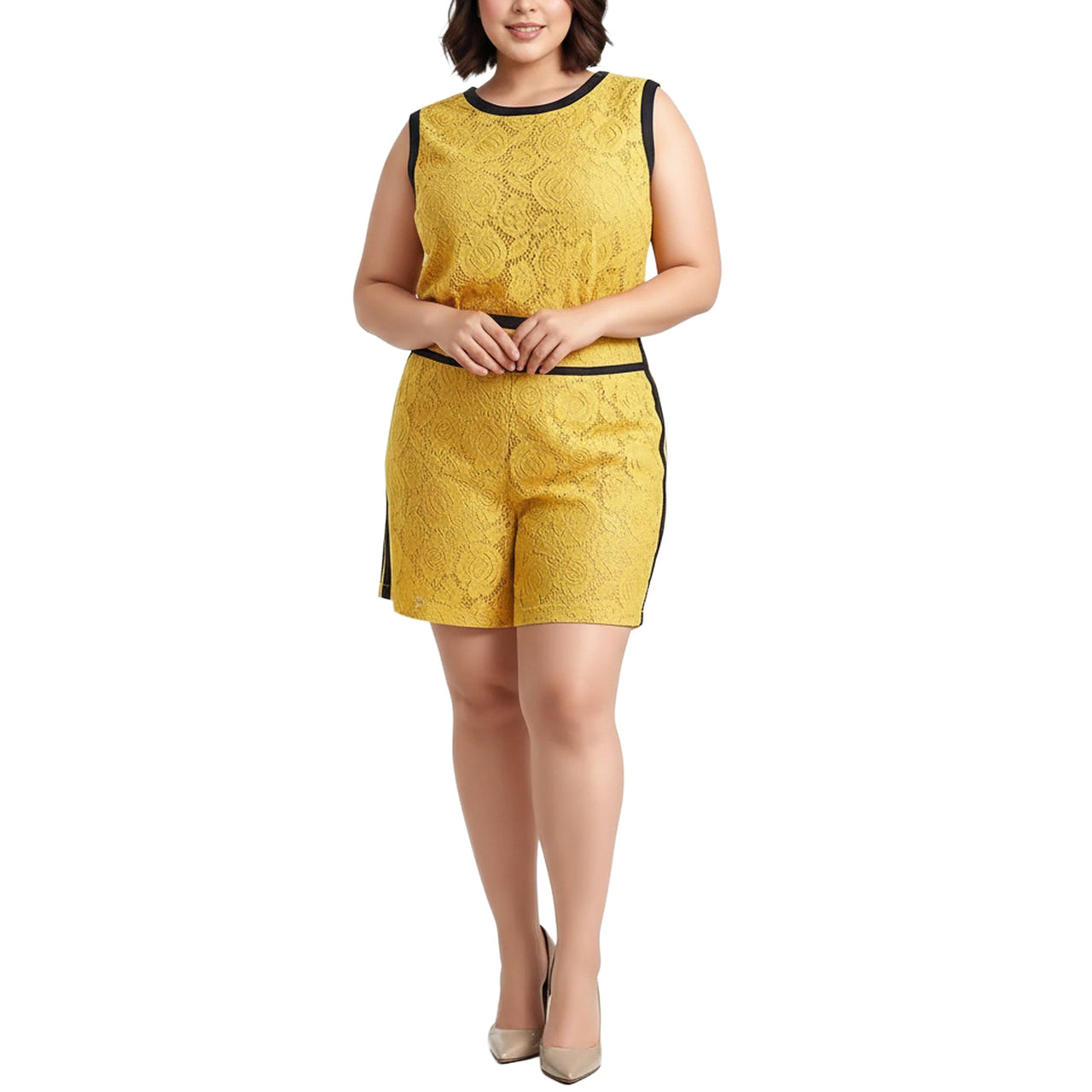 Pleione Plus Size Women's Floral Lace Shorts In Mustard