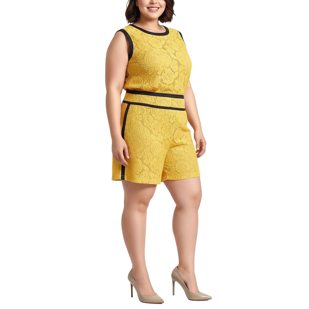 Pleione Plus Size Women's Floral Lace Shorts In Mustard