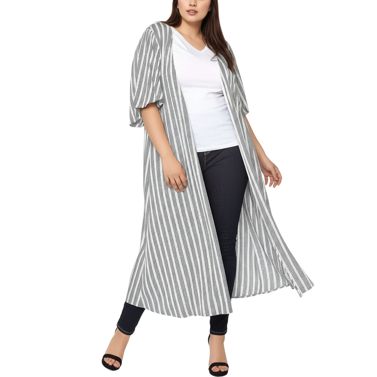 Women's Plus Size Lace Trim Tie Front Maxi Cardigan in Ditsy Gingham