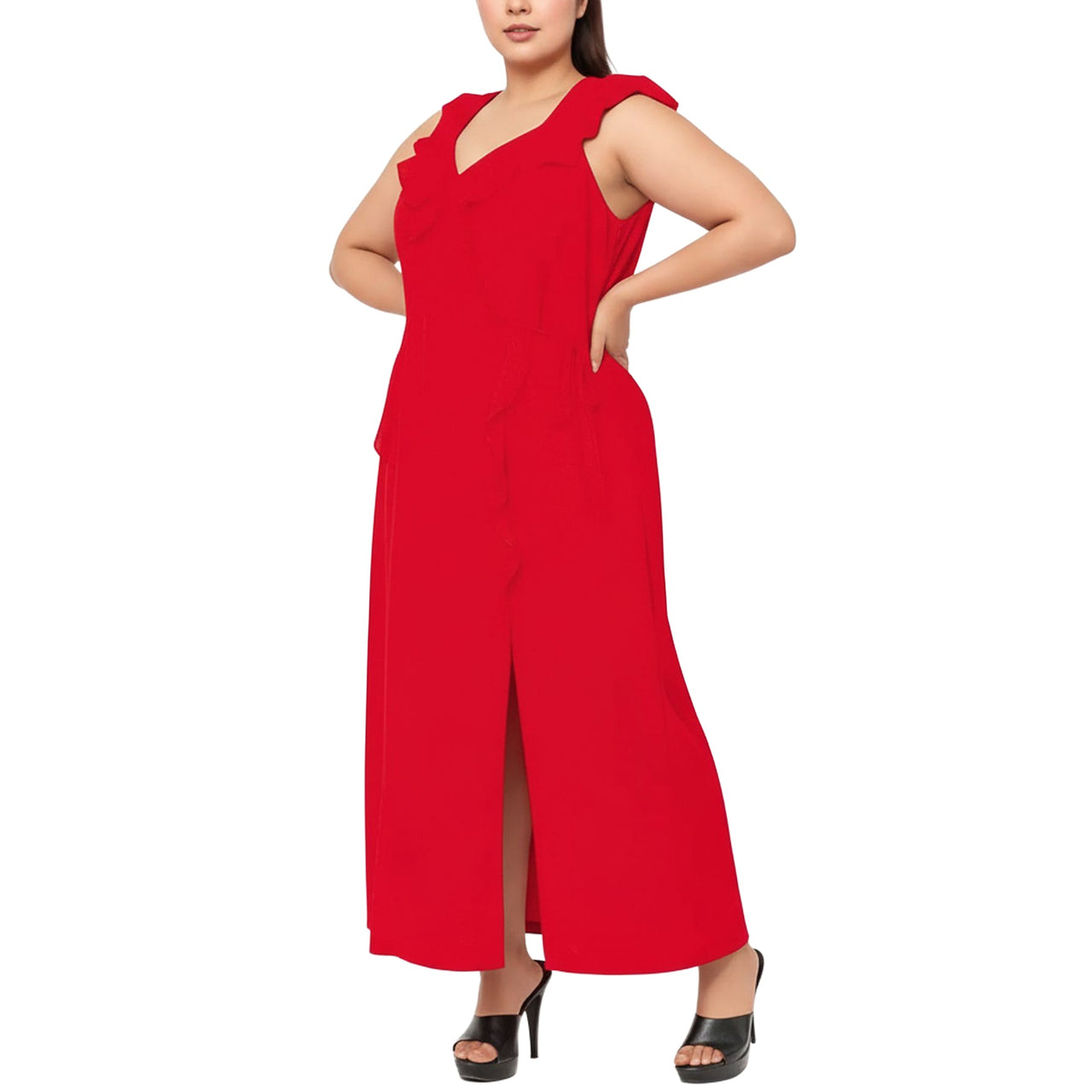 Women's Plus Size Ruffle Trim Wrapped Maxi Dress in Red