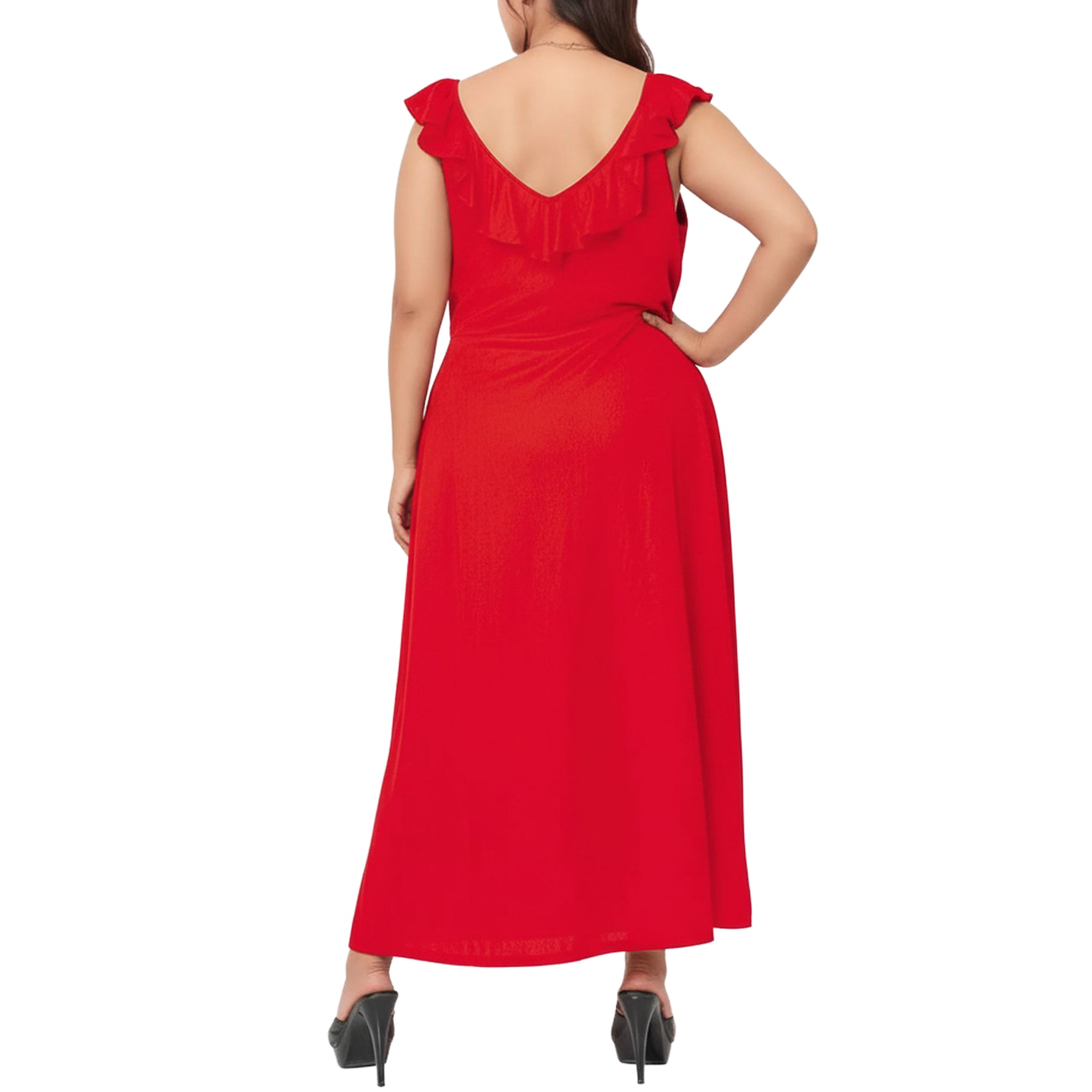 Women's Plus Size Ruffle Trim Wrapped Maxi Dress in Red
