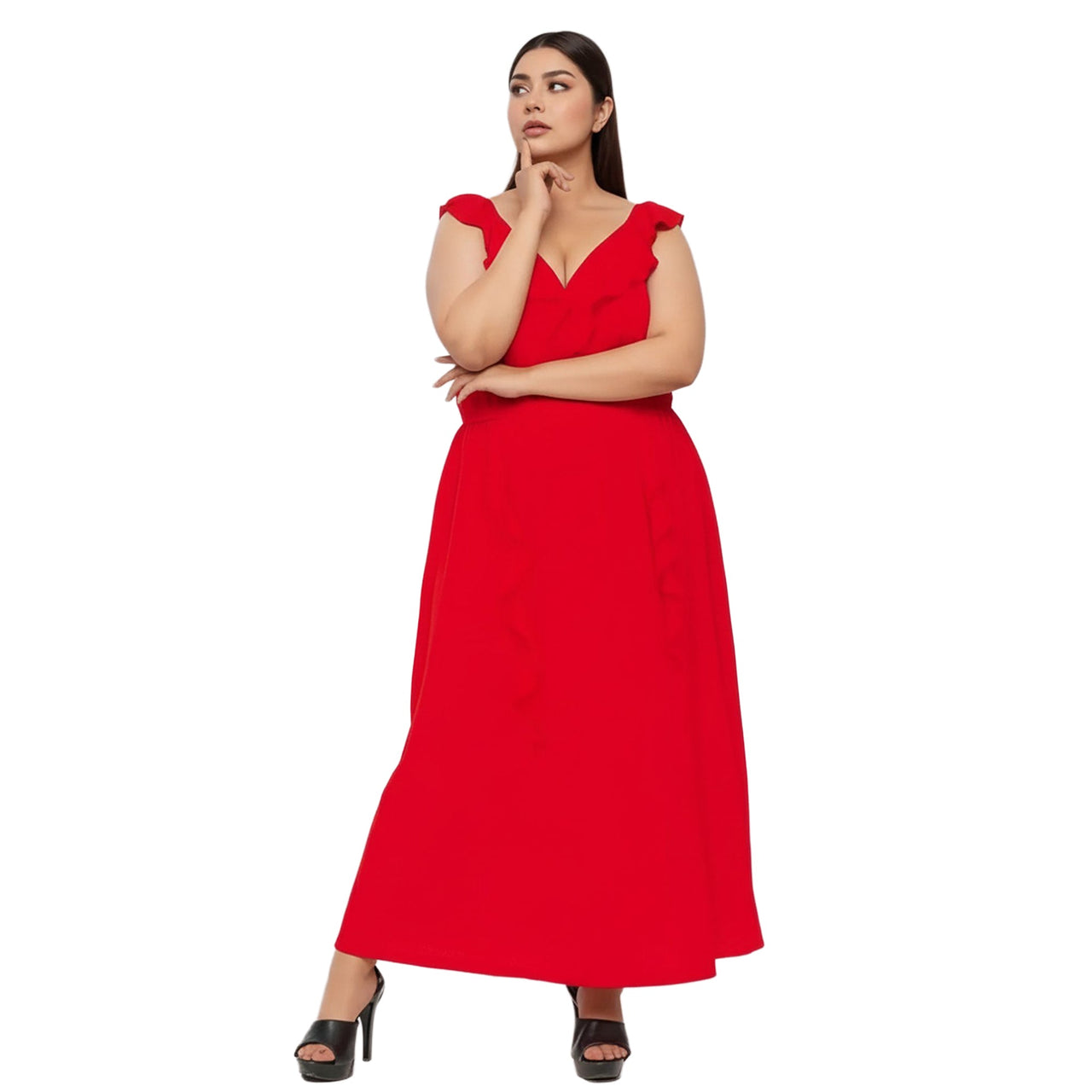Women's Plus Size Ruffle Trim Wrapped Maxi Dress in Red