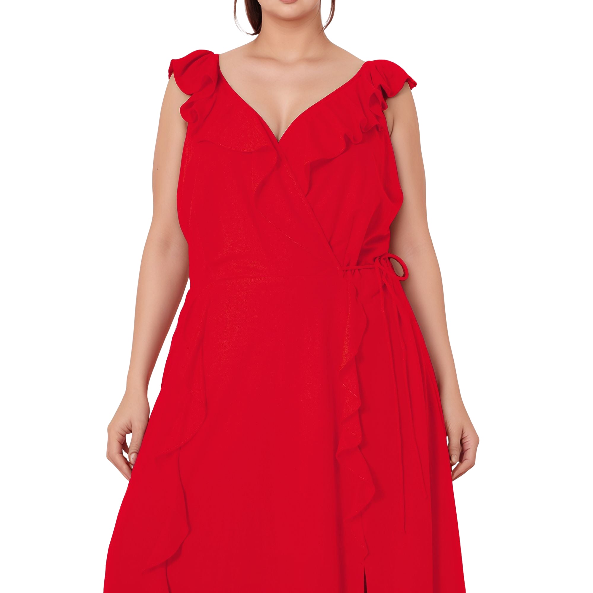 Women's Plus Size Ruffle Trim Wrapped Maxi Dress in Red
