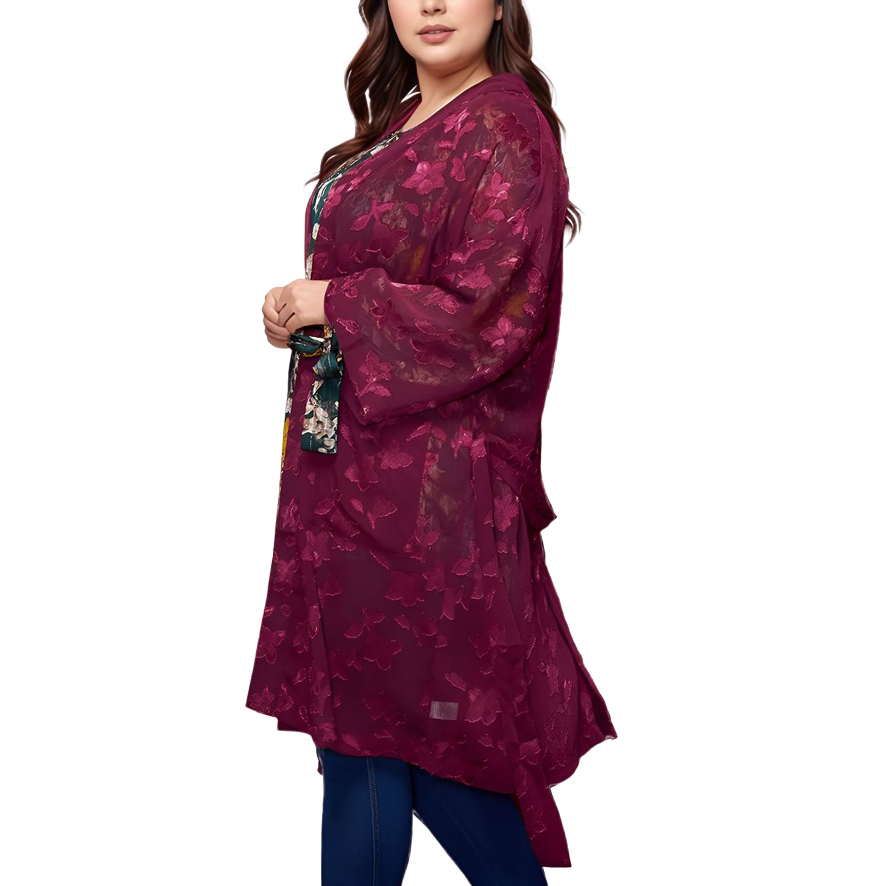 Plus Size Sheer Floral Embossed Robe Cardigan
