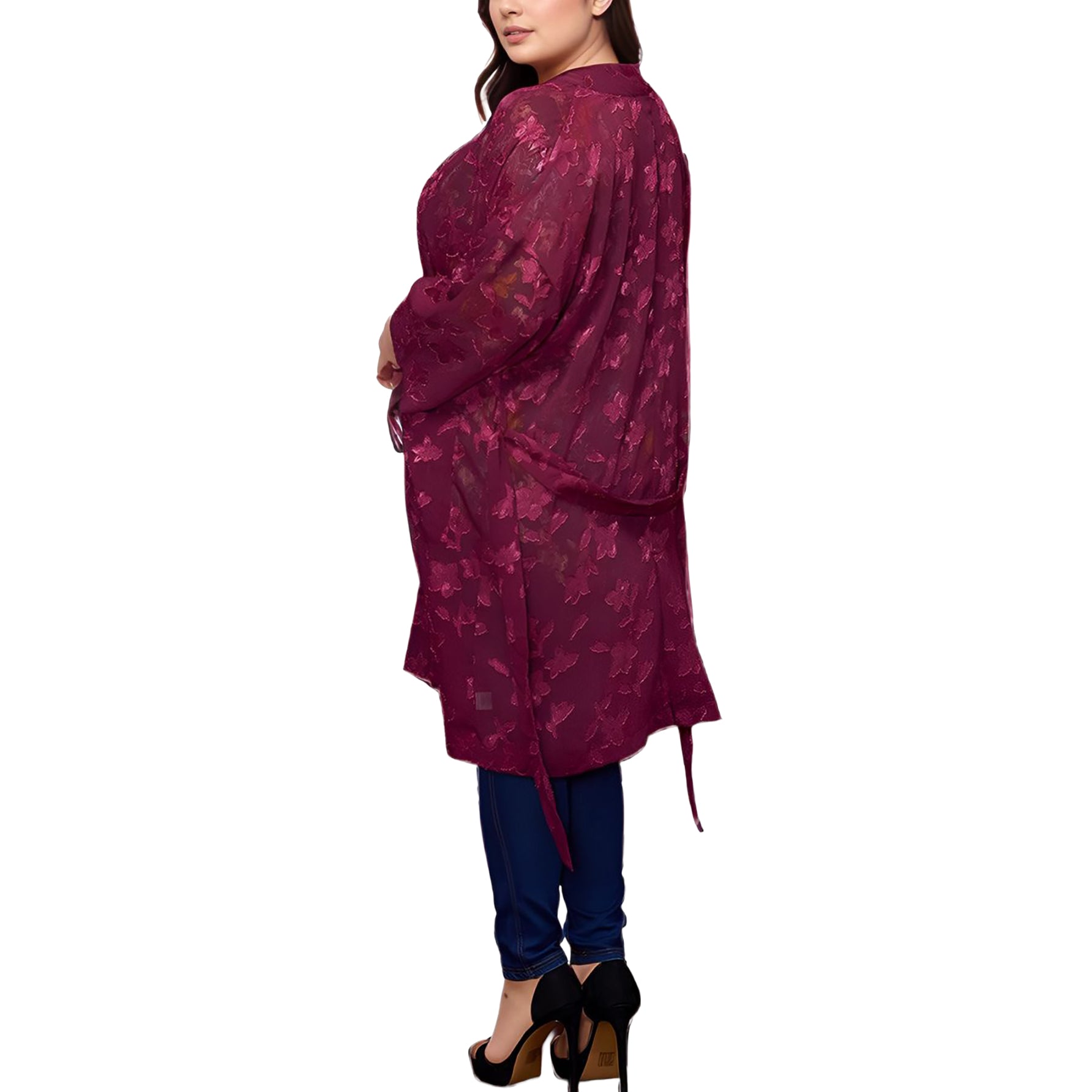 Plus Size Sheer Floral Embossed Robe Cardigan